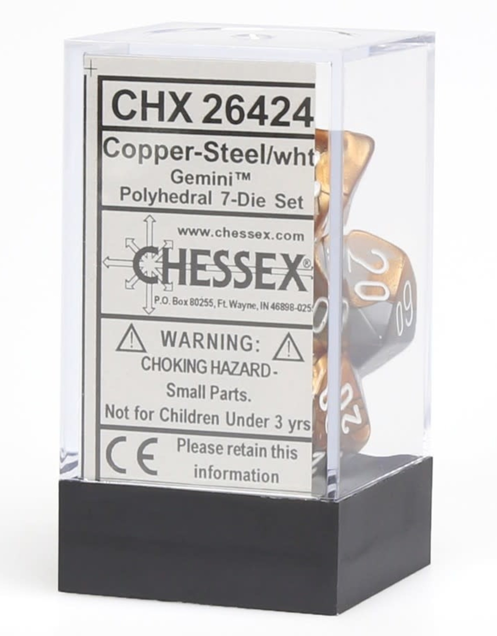 Chessex CHX Gemini Dice: Copper-Steel/White Poly 7-Die Set 26424