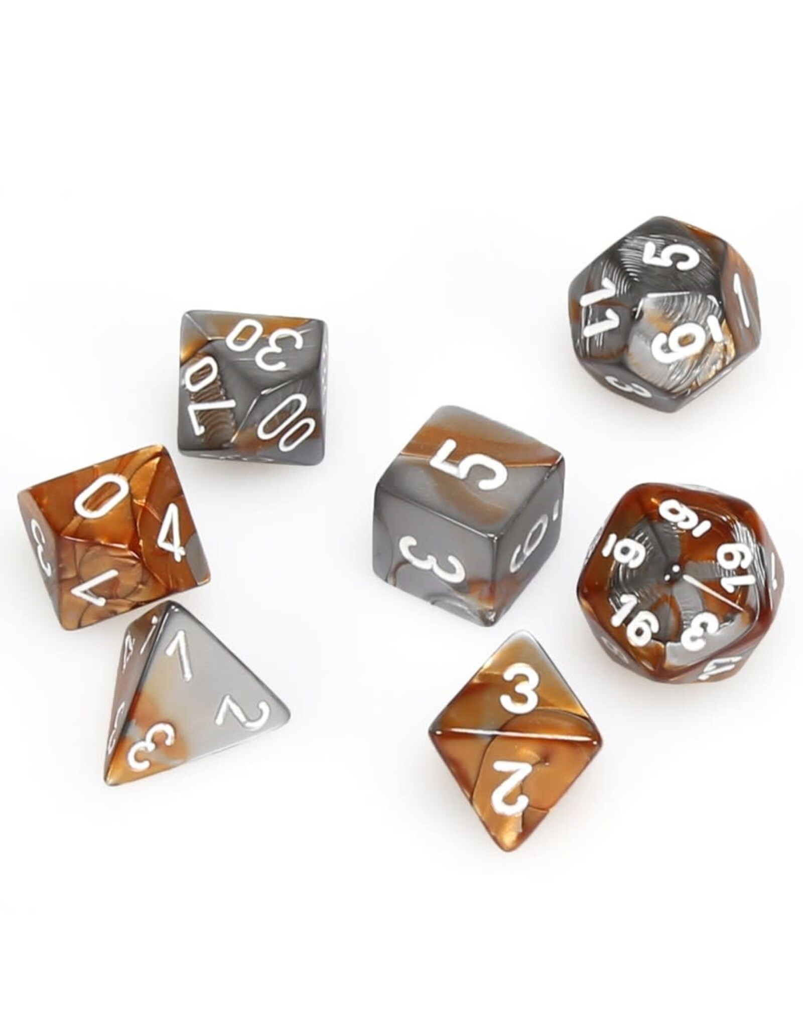 Chessex CHX Gemini Dice: Copper-Steel/White Poly 7-Die Set 26424