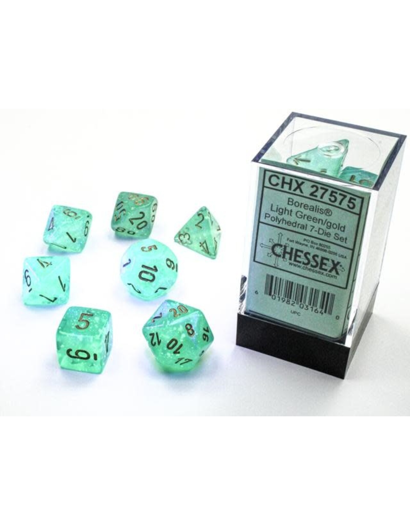 Chessex CHX Borealis Dice: Luminary Light Green/Gold Poly 7-Die Set 27575