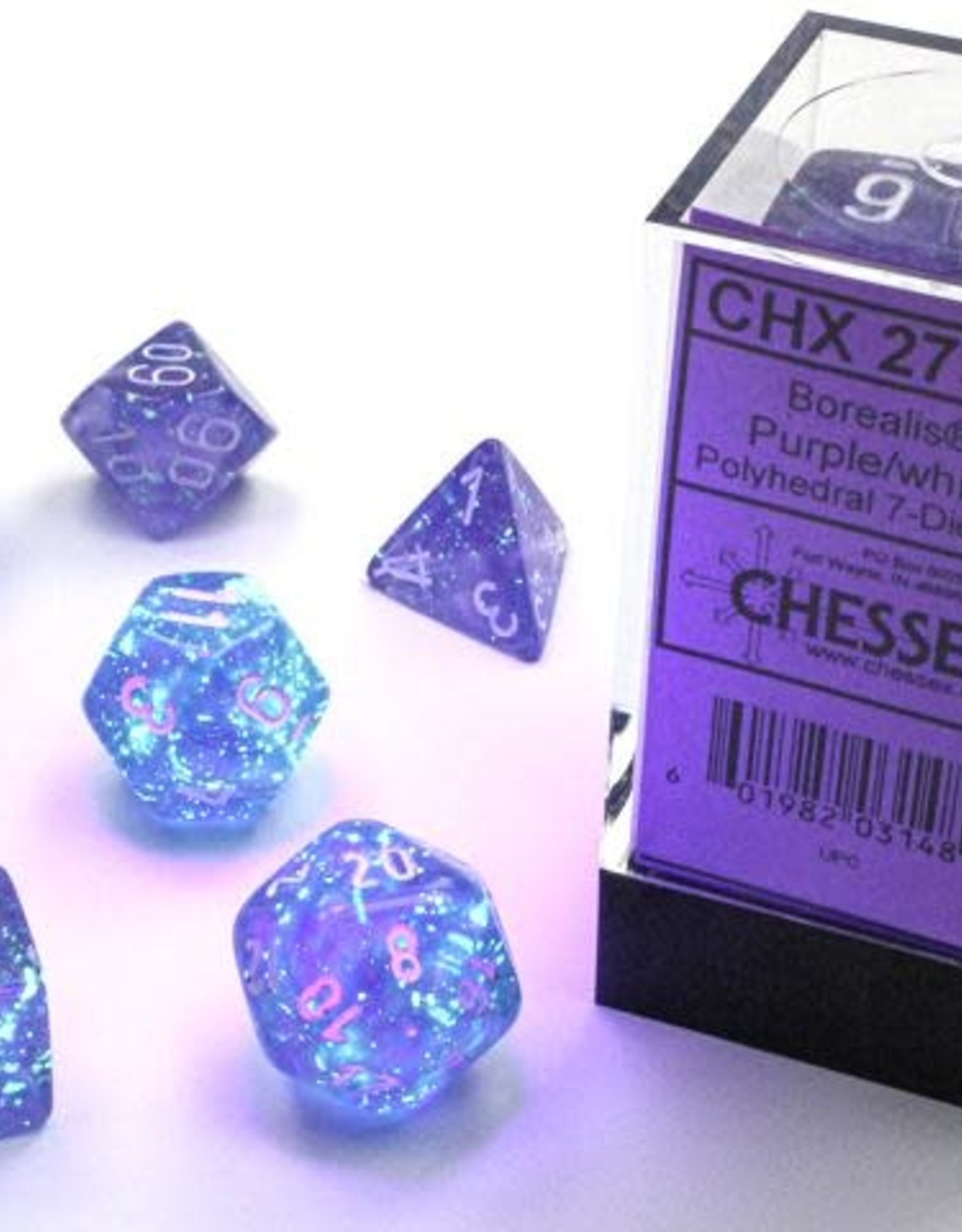 Chessex CHX Borealis Dice: Luminary Purple/White Poly 7-Die Set 27577