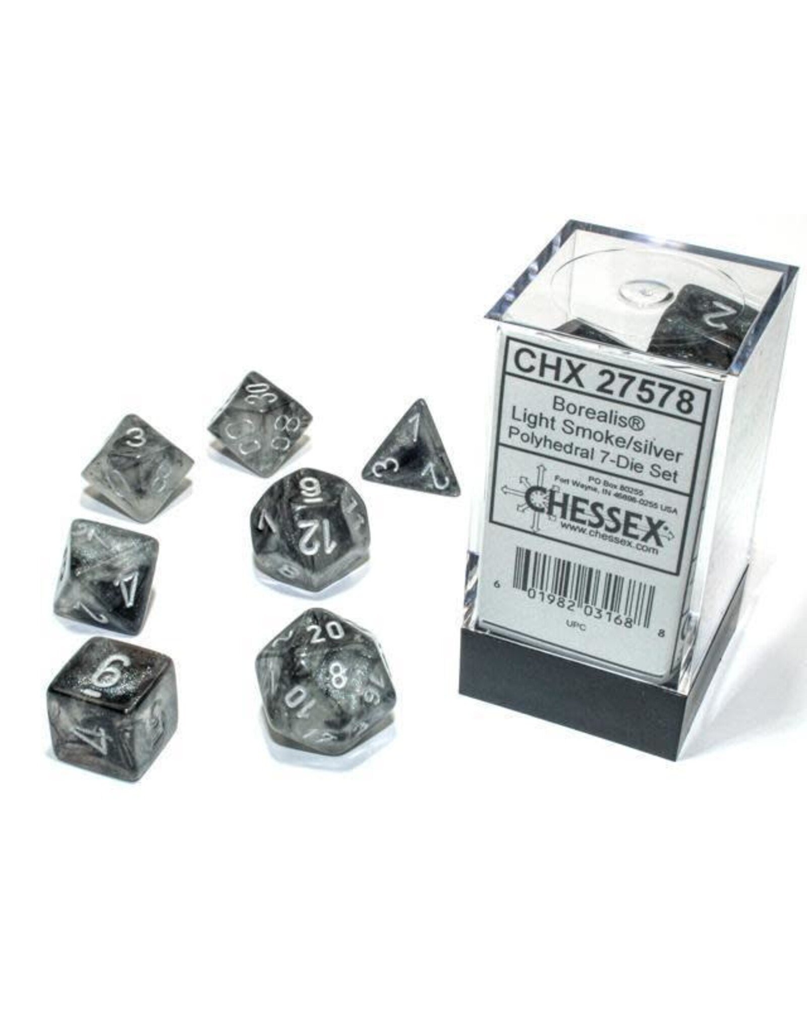 Chessex CHX Borealis Dice: Luminary Light Smoke/Silver Poly 7-Die Set 27578