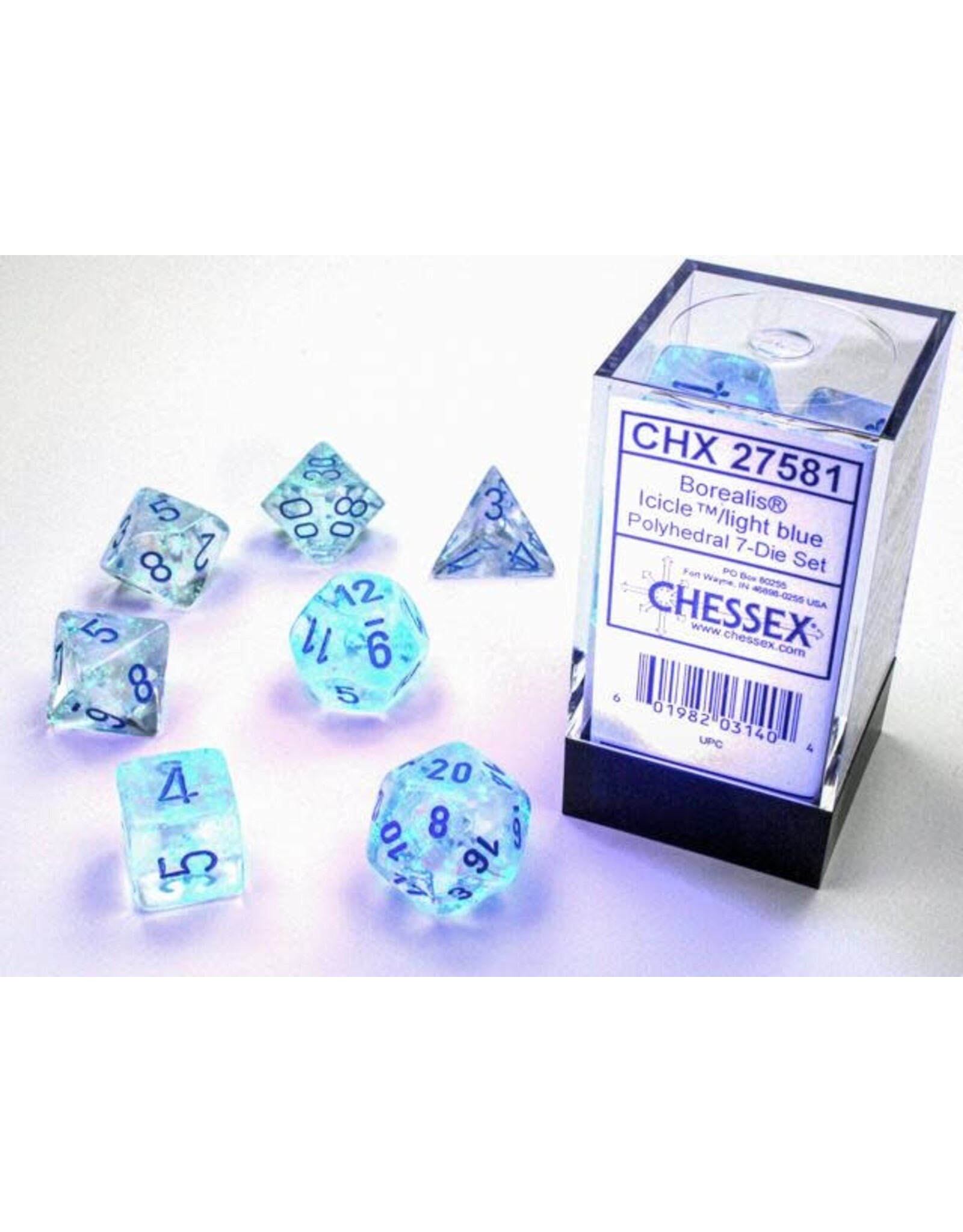 Chessex CHX Borealis Dice: Luminary Icicle/Light Blue Poly 7-Die Set 27581
