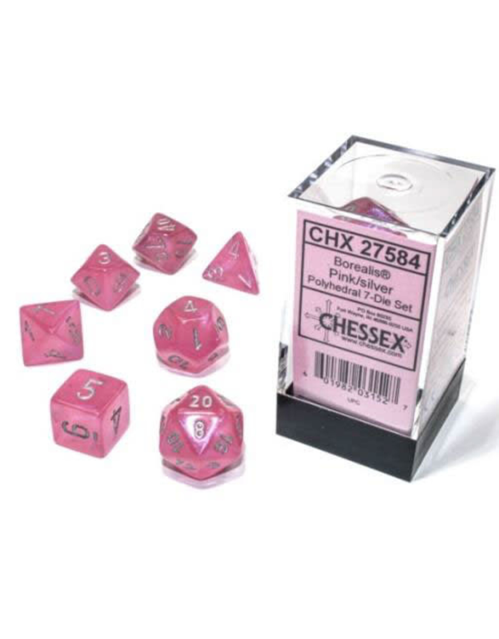 Chessex CHX Borealis Dice: Luminary Pink/Silver Poly 7-Die Set 27584