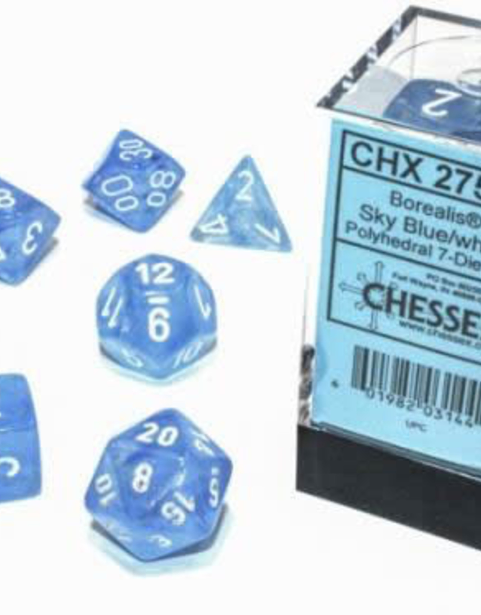 Chessex CHX Borealis Dice: Luminary Sky Blue/White Poly 7-Die Set 27586