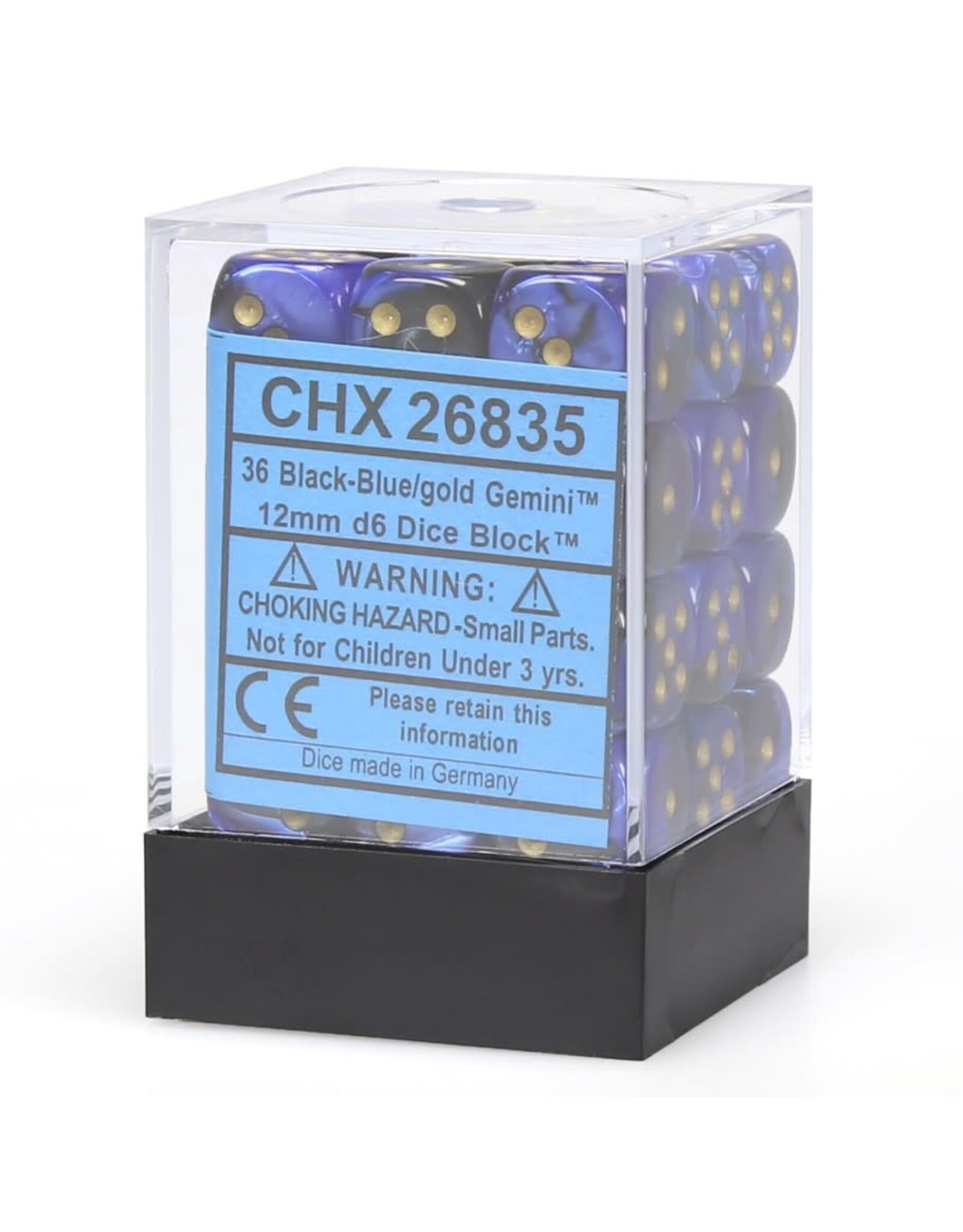 Chessex CHX Gemini Dice: Black-Blue/Gold 12mm d6 Block (36ct) 26835