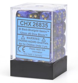 Chessex CHX Gemini Dice: Black-Blue/Gold 12mm d6 Block (36ct) 26835