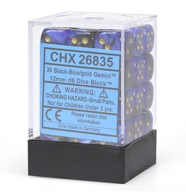 Chessex CHX Gemini Dice: Black-Blue/Gold 12mm d6 Block (36ct) 26835