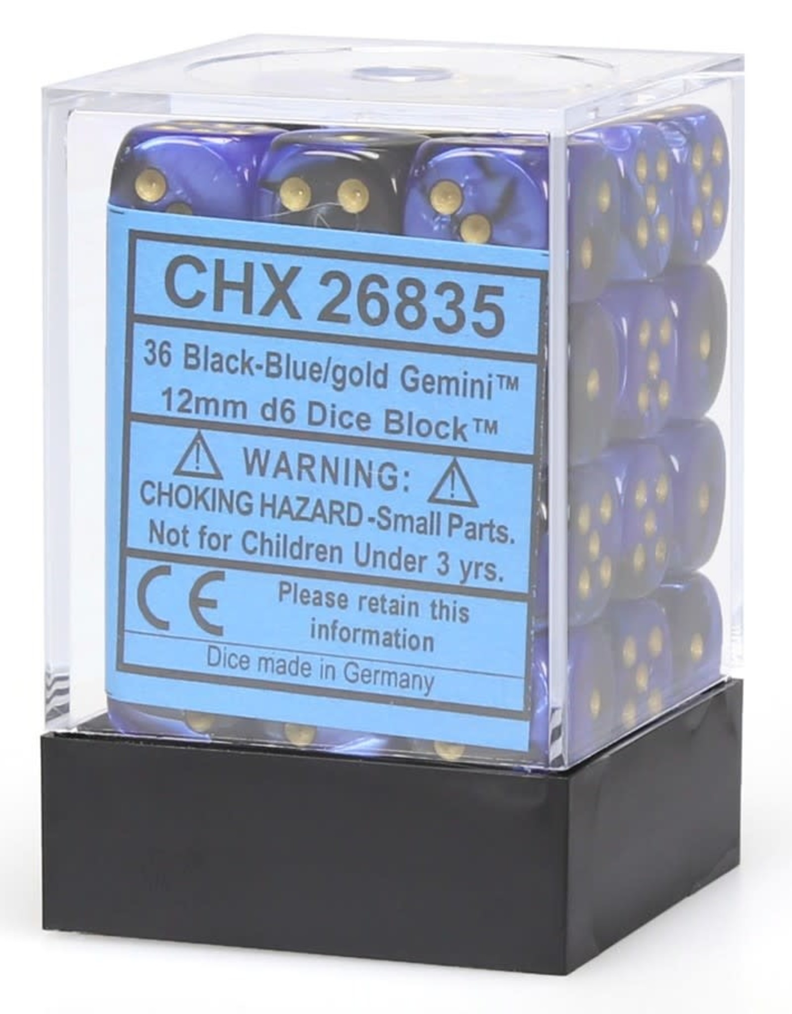 Chessex CHX Gemini Dice: Black-Blue/Gold 12mm d6 Block (36ct) 26835