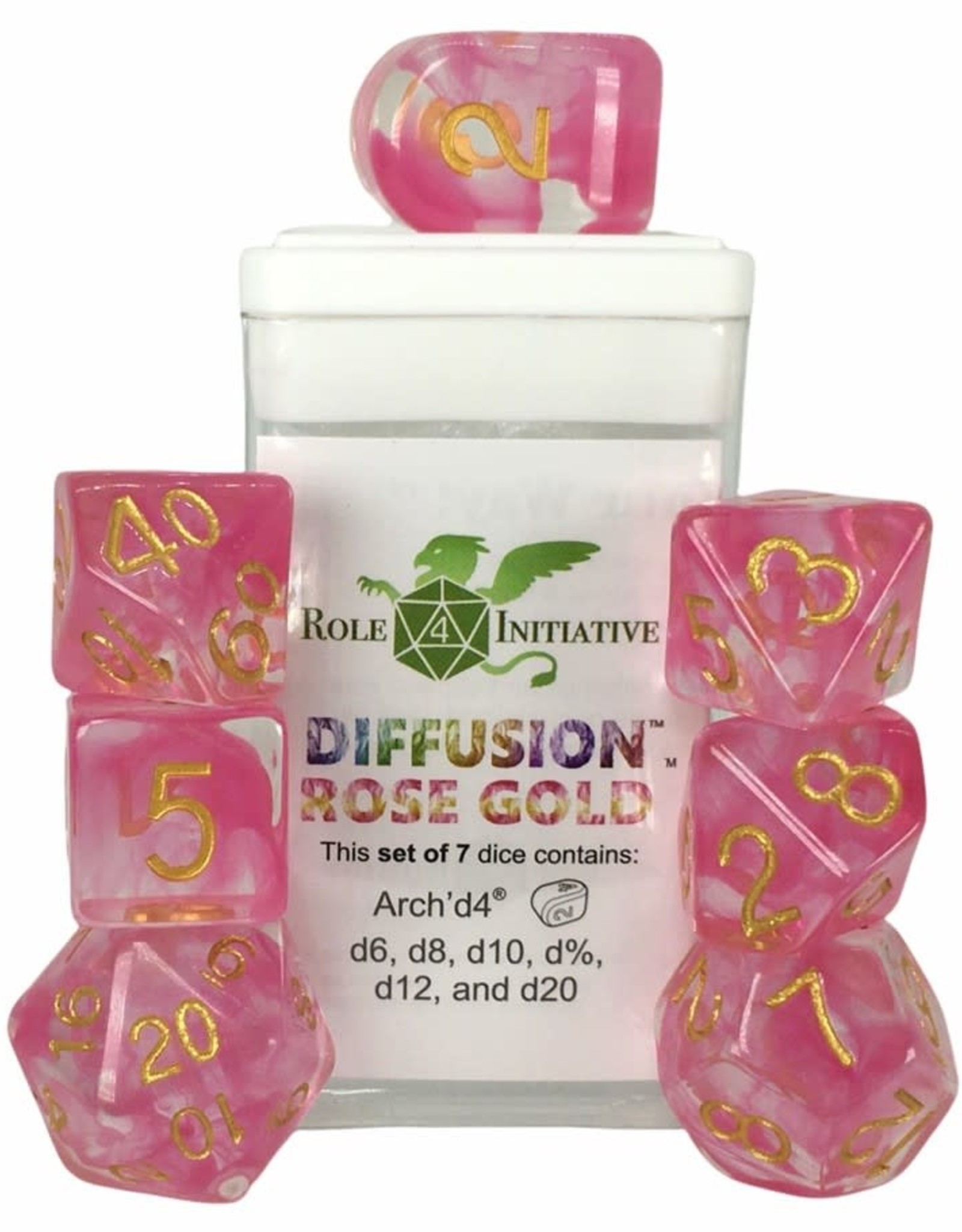 Role 4 Initiative R4I Dice: Diffusion Rose Gold w/ Gold 7-Die Set