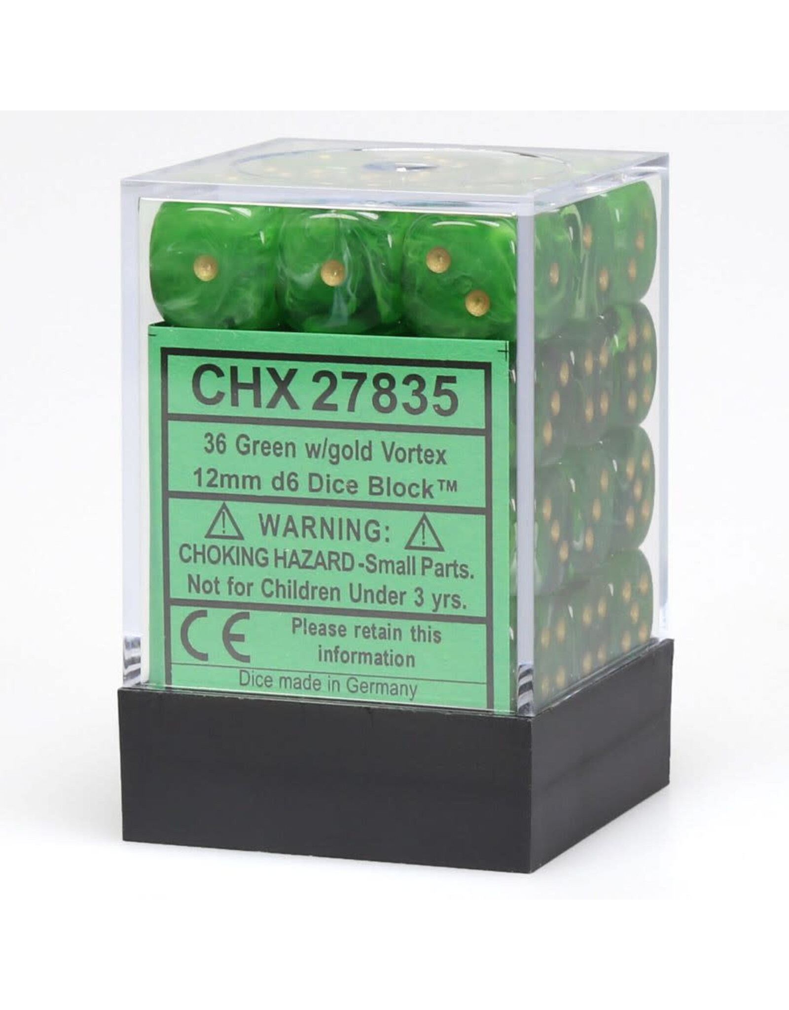 Chessex CHX Vortex Dice: Green/Gold 12mm d6 Block (36ct) 27835