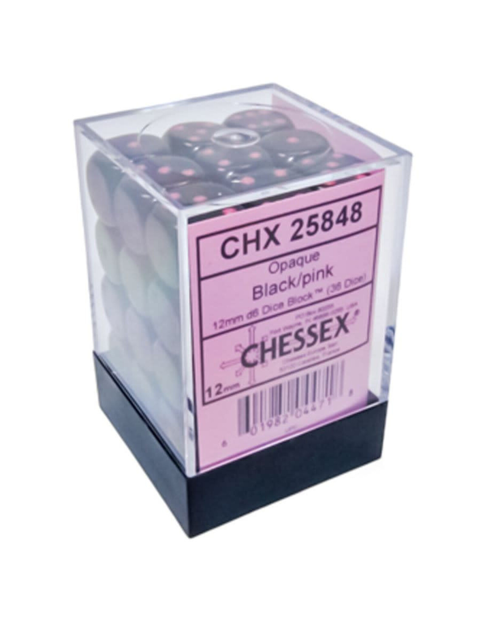 Chessex CHX Opaque Dice: Black/Pink 12mm d6 Block (36ct) 25848