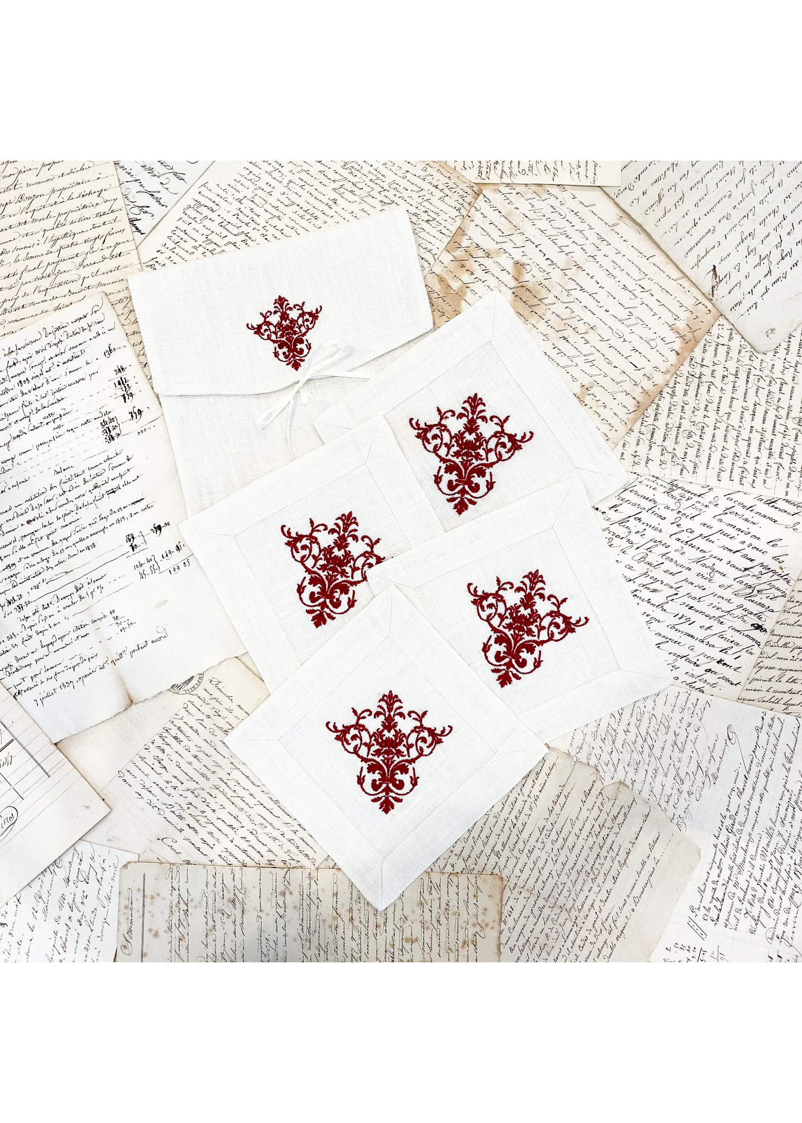 Crown Linen Cocktail Napkin Set - Victorian - Cream/Red(set of 4)