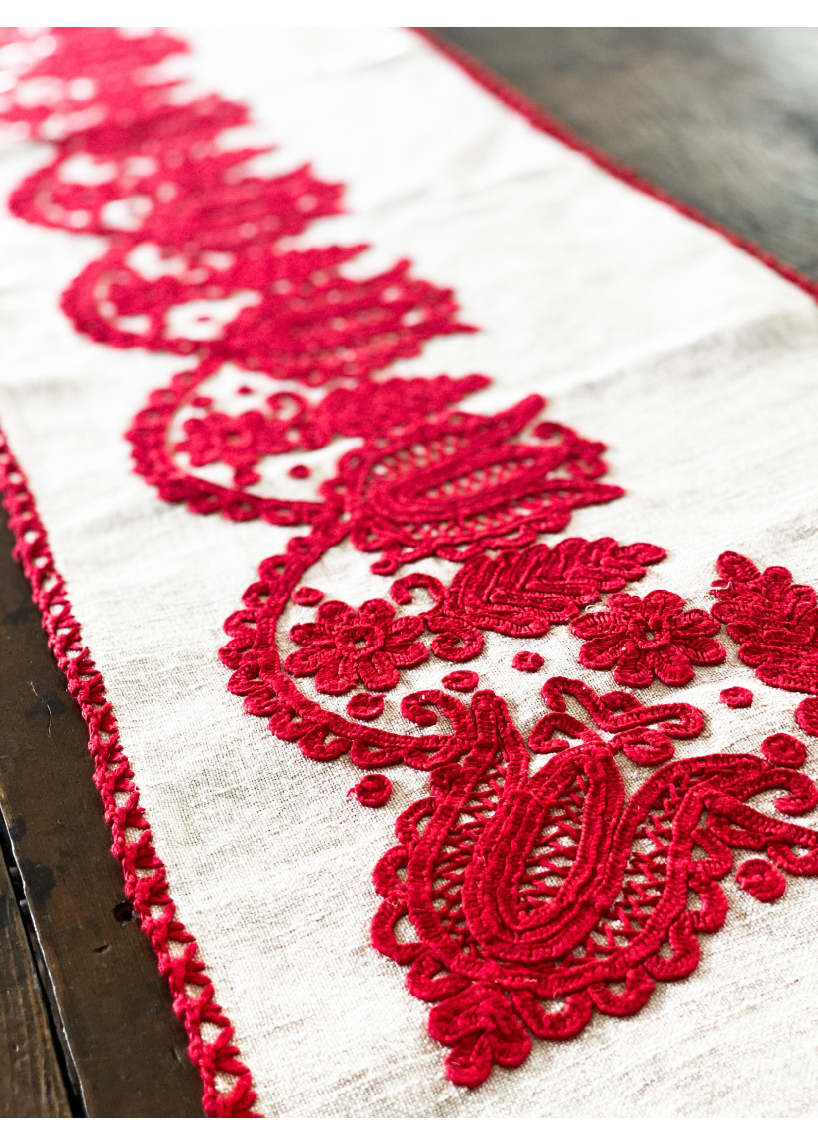 Antique & Vintage Antique European Linen Runner - Red Stitching - 13"x63"
