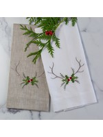 Crown Linen Towel - Antlers with Holly - White