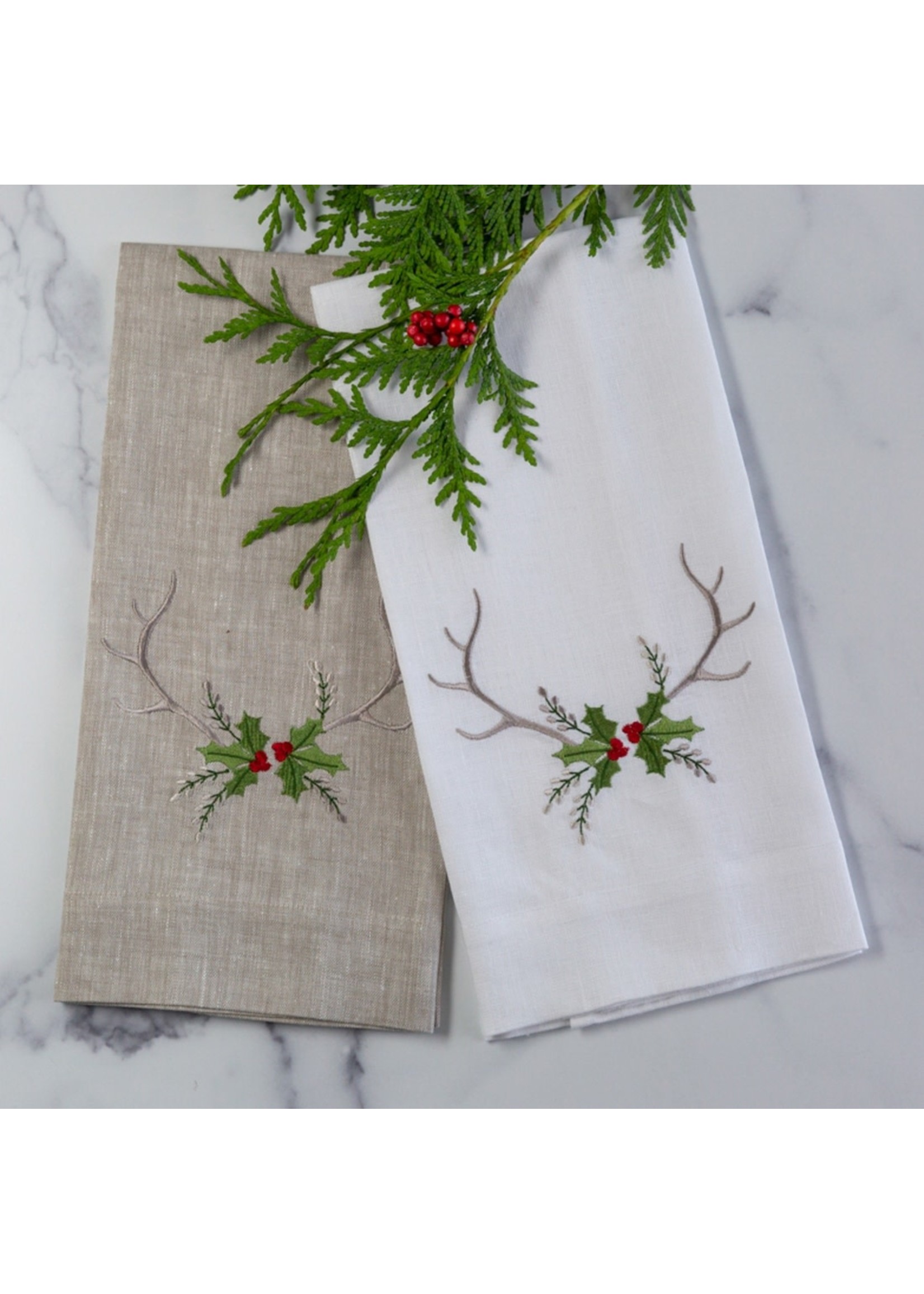 Crown Linen Towel - Antlers with Holly - White