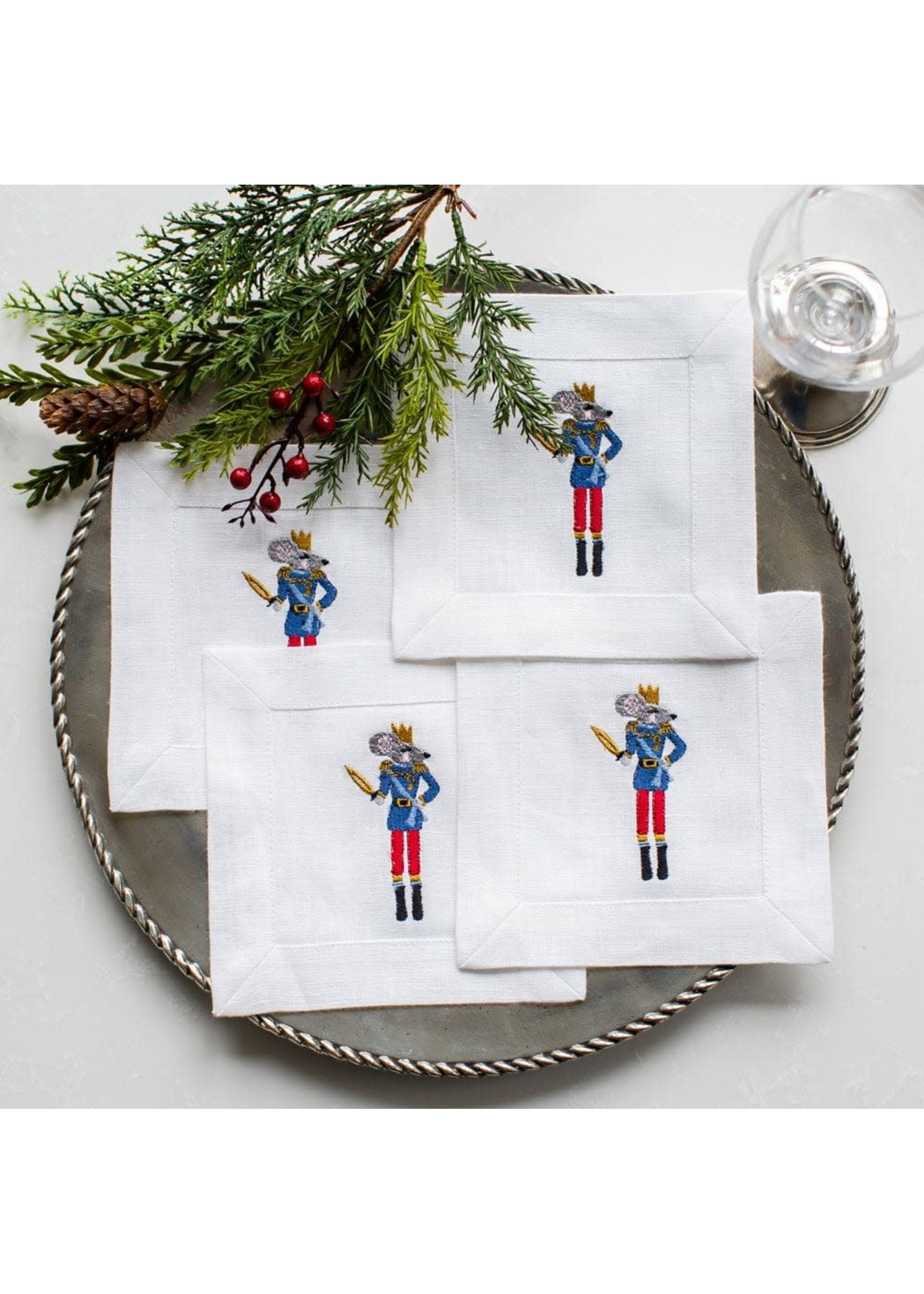 Crown Linen Cocktail Napkin Set - Nutcracker Mouse