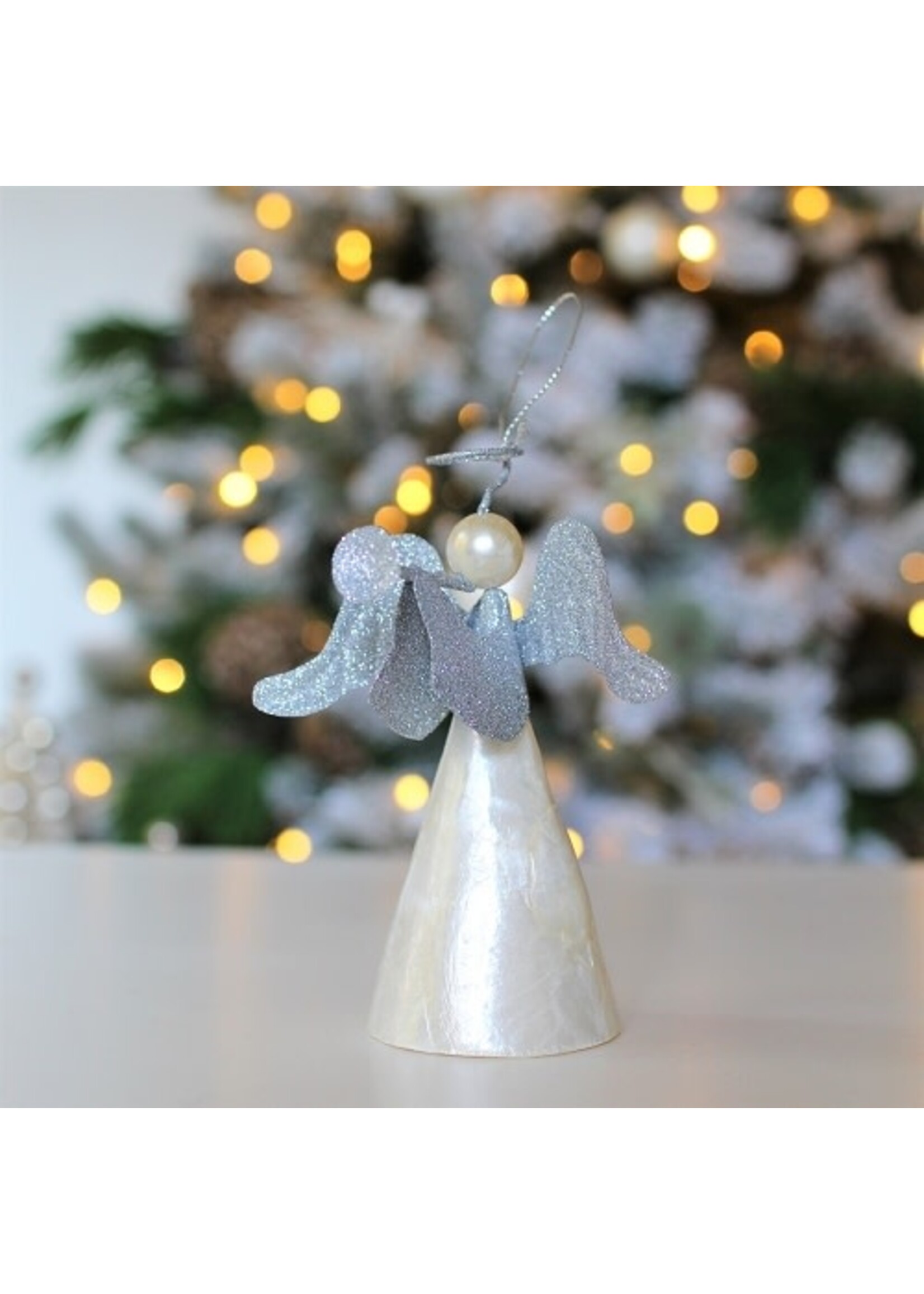 Ornament - Angel - Capiz with Glitter Wings with Trumpet Silver 5.5"