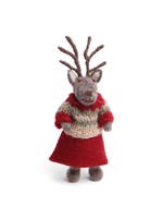 Ornament - Grey Girl Deer with Red  Skirt & Sweater