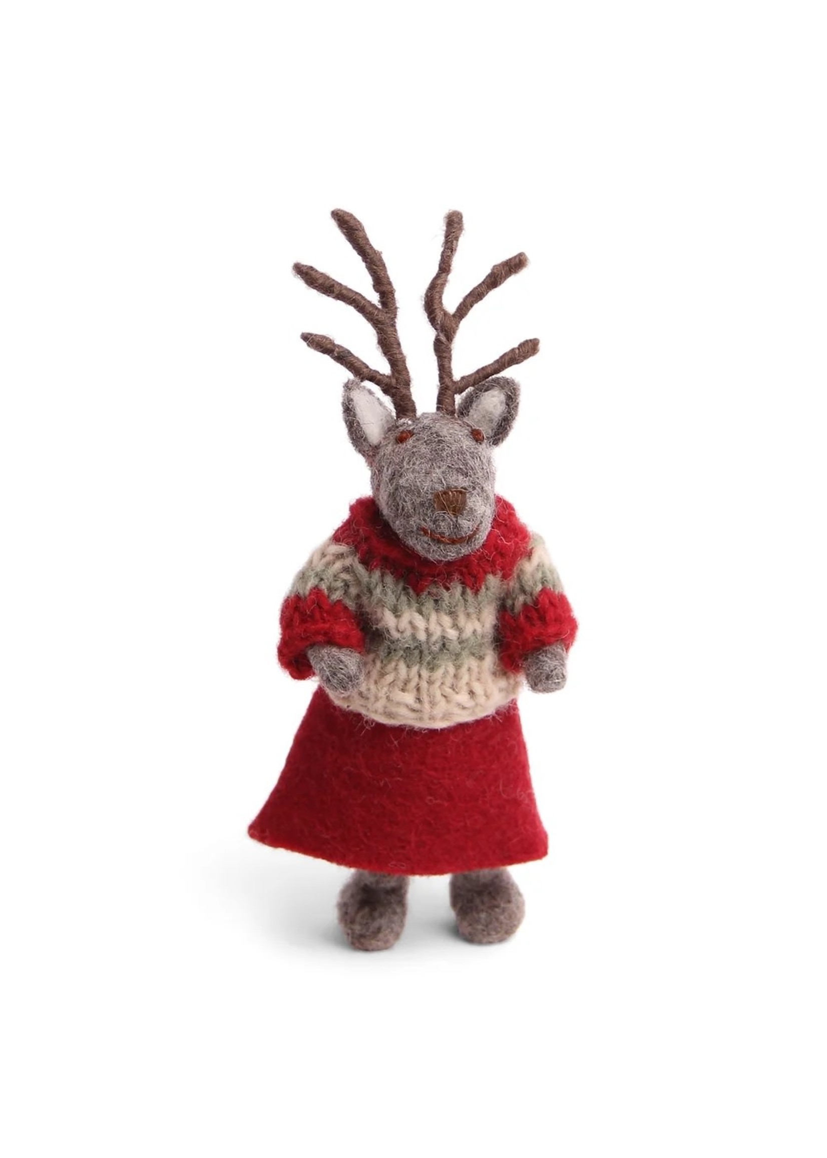 Ornament - Grey Girl Deer with Red  Skirt & Sweater