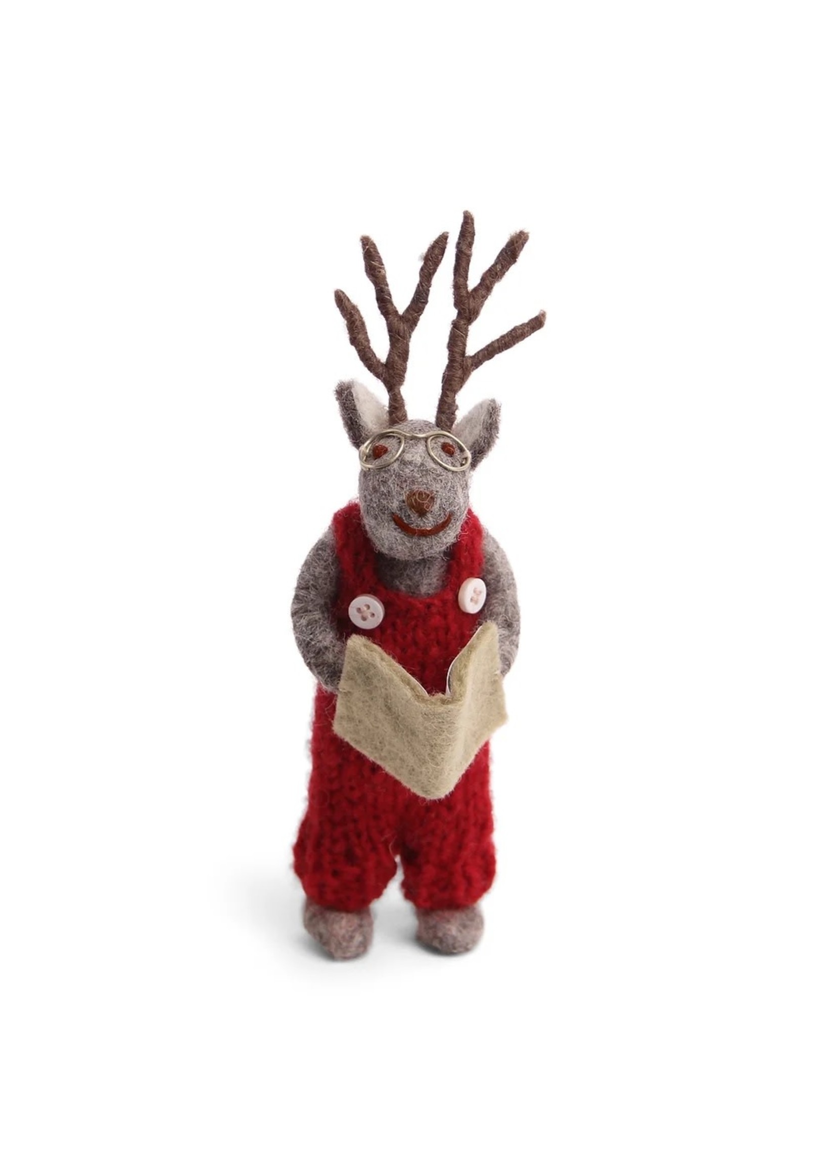 Ornament - Grey Boy Deer with Red Overalls & Book