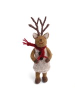 Ornament - Brown Girl Deer with Grey Dress & Red Scarf