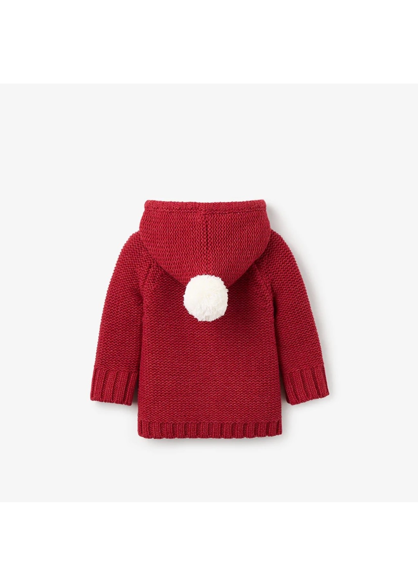 Hooded Cable Cardigan with Pom Red 6-9M