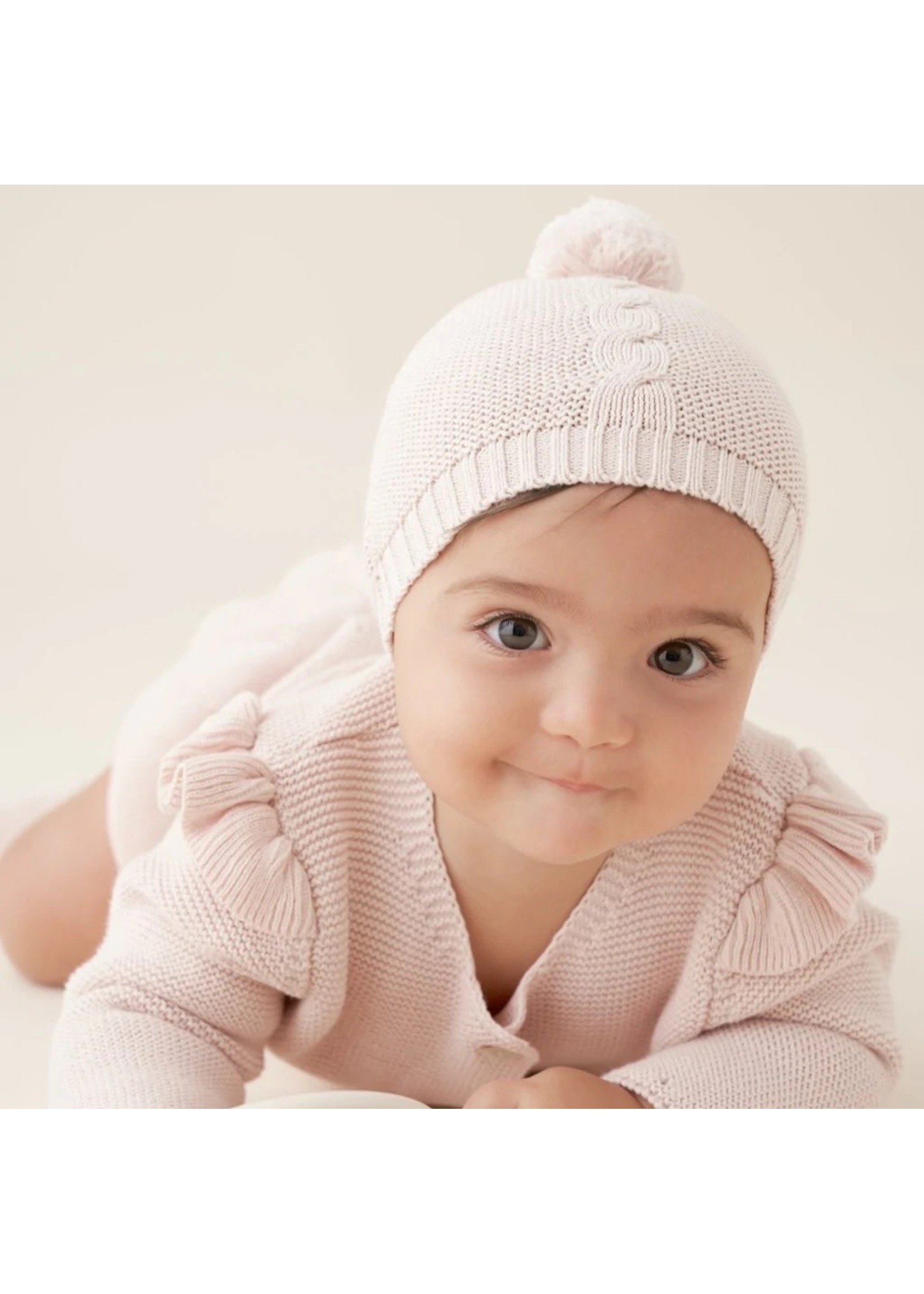 Garter Knit Baby Hat Pom Pom Pink 0-12M