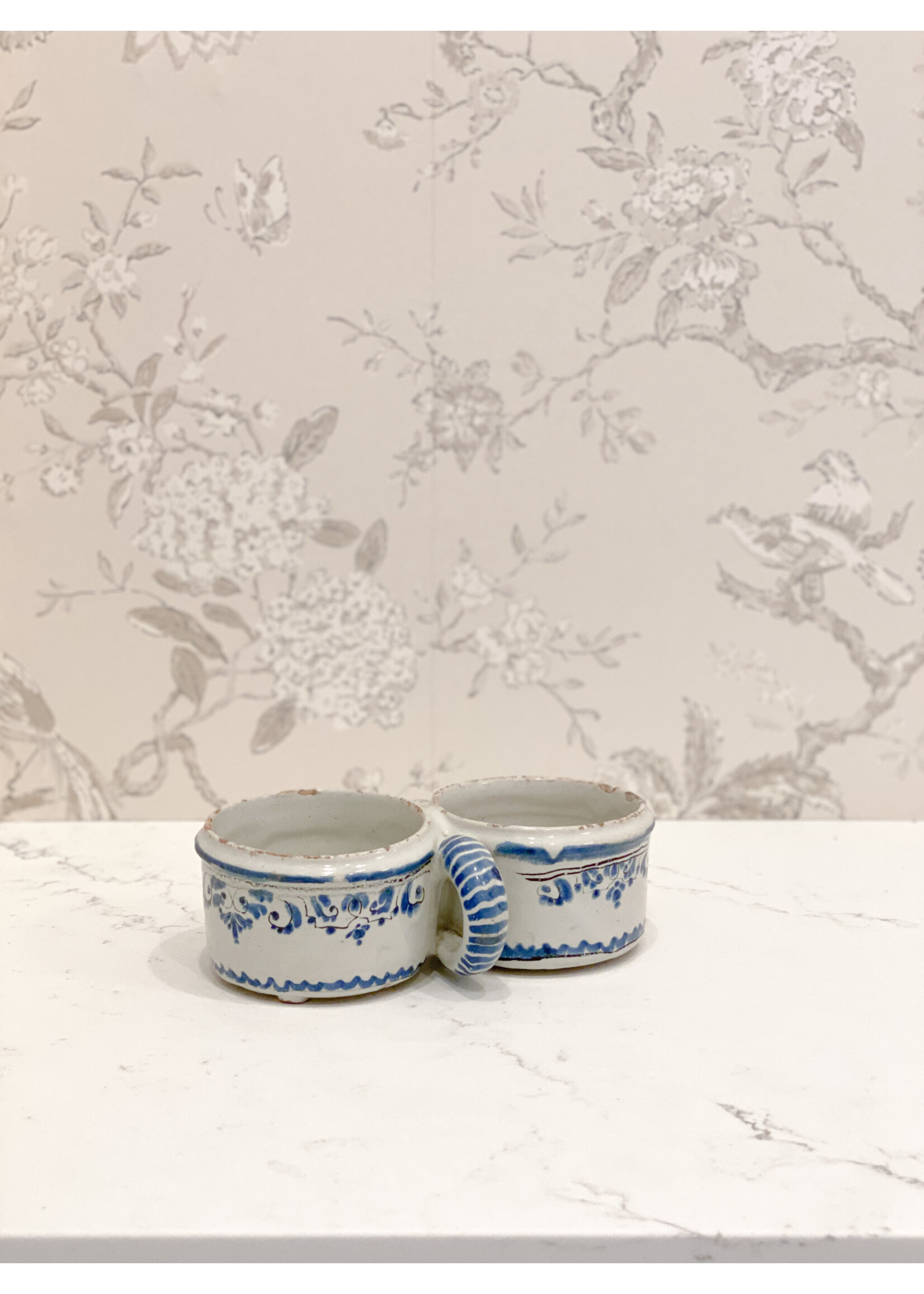 Antique & Vintage Antique 18th Century French Blue & White Double Bowl Stoneware