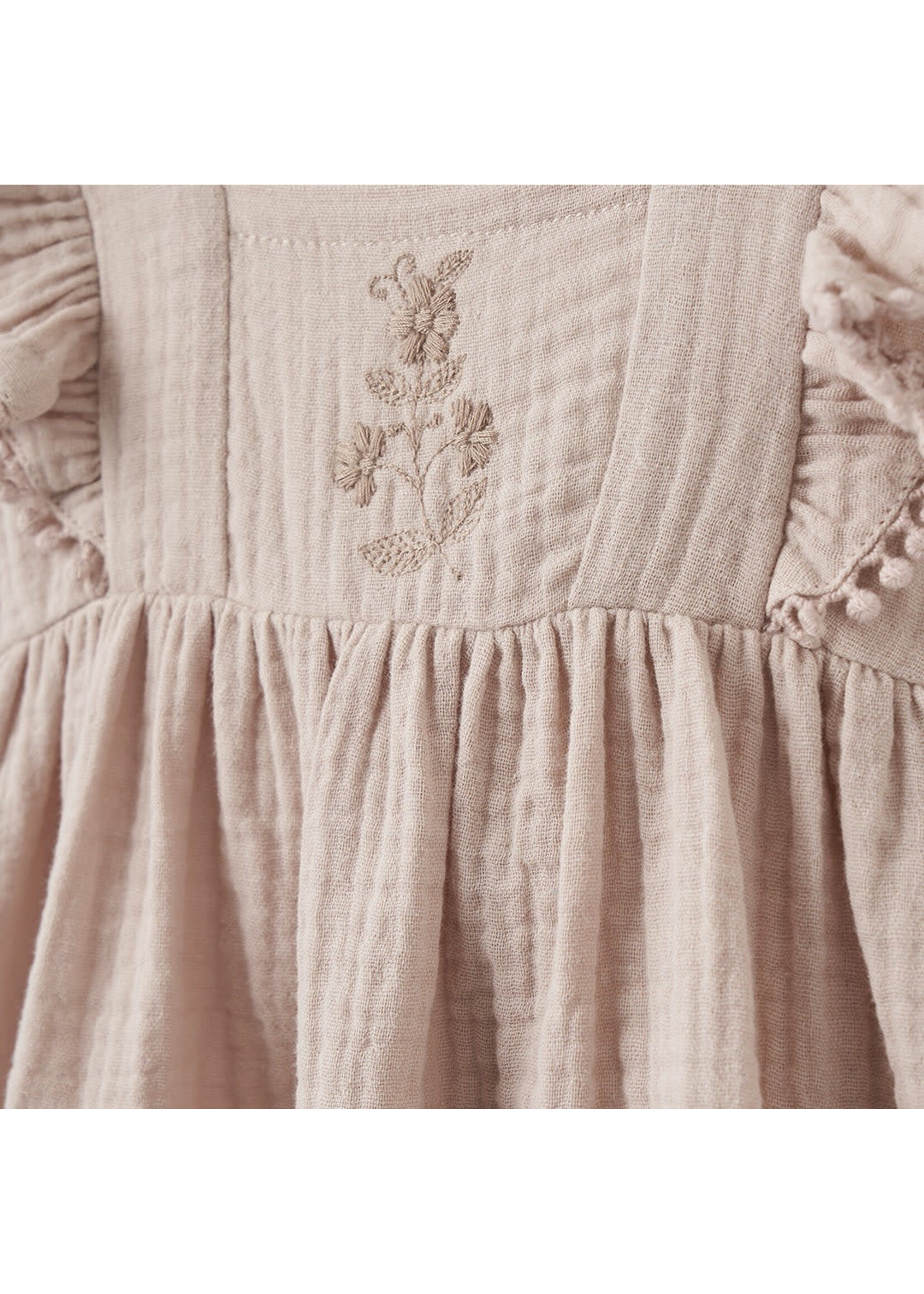 Organic Muslin Embroidered Flutter Dress Set - Taupe 6-9M