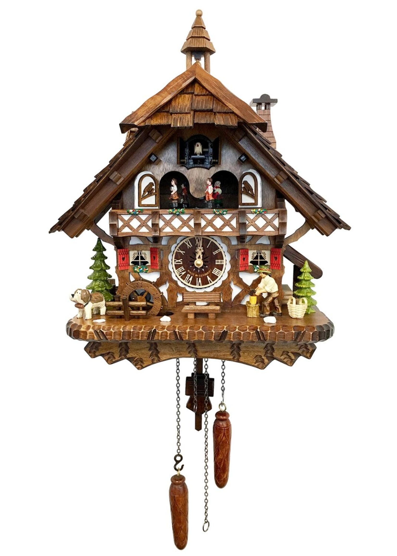 German Cuckoo Clock - Chalet with Mountain Dog & Woodsman (quartz)