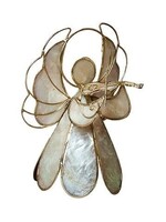 Ornament - Angel - Capiz with Violin Gold 4.75"