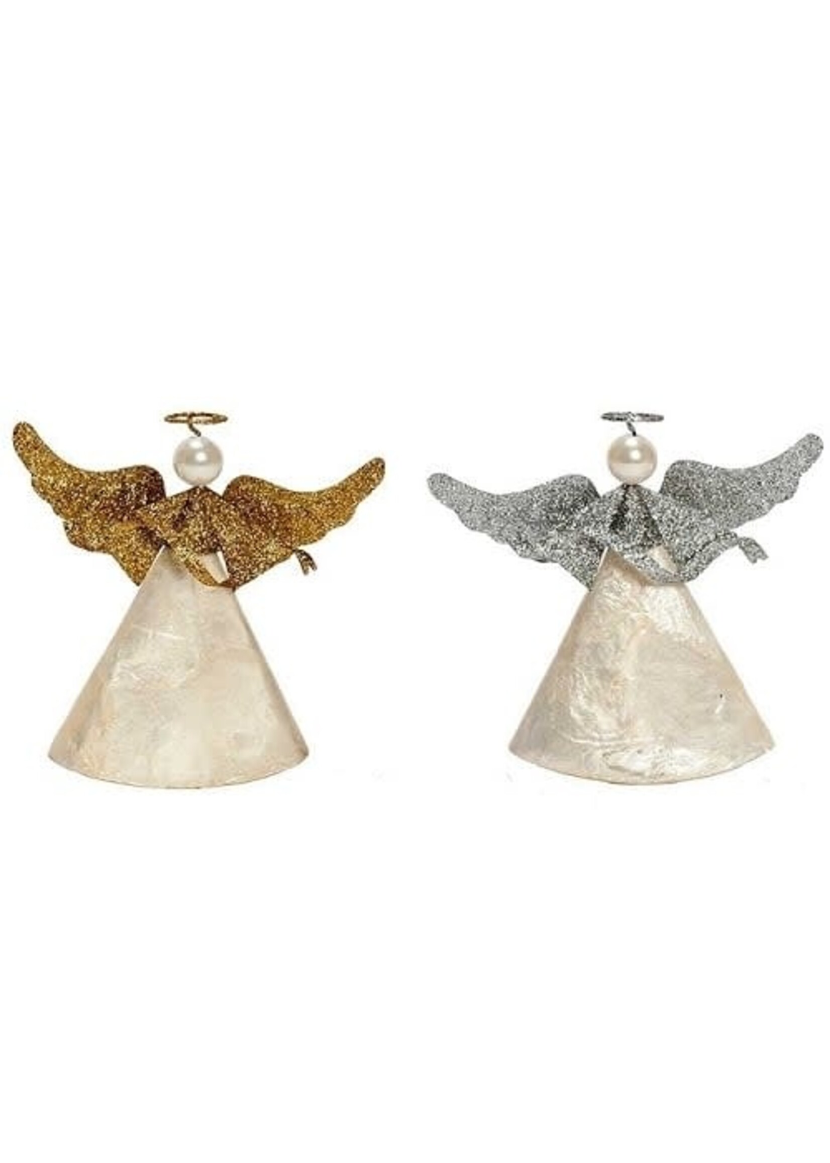 Ornament - Angel - Capiz with Glitter Wings White/Gold 5"