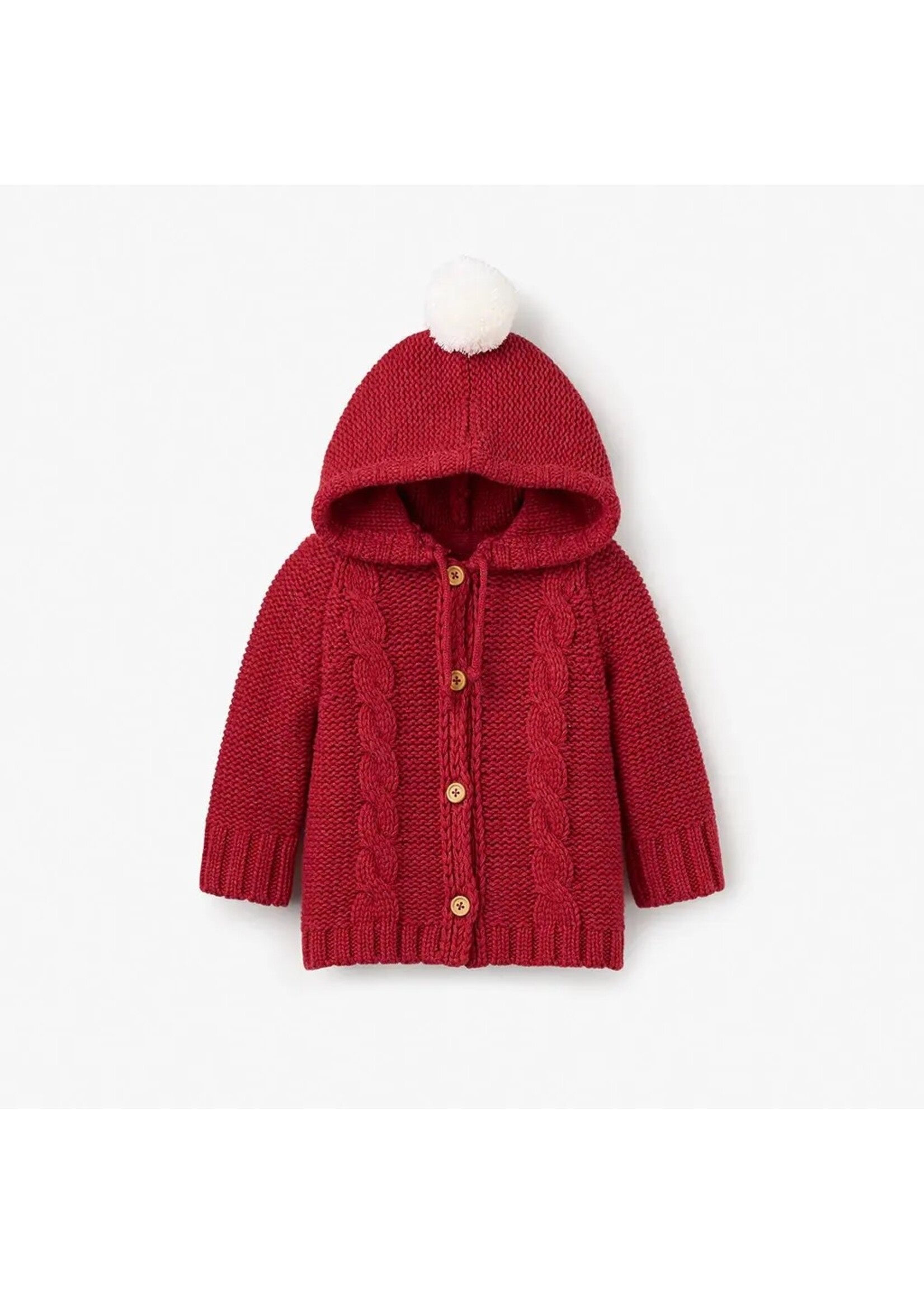 Hooded Cable Cardigan with Pom Red