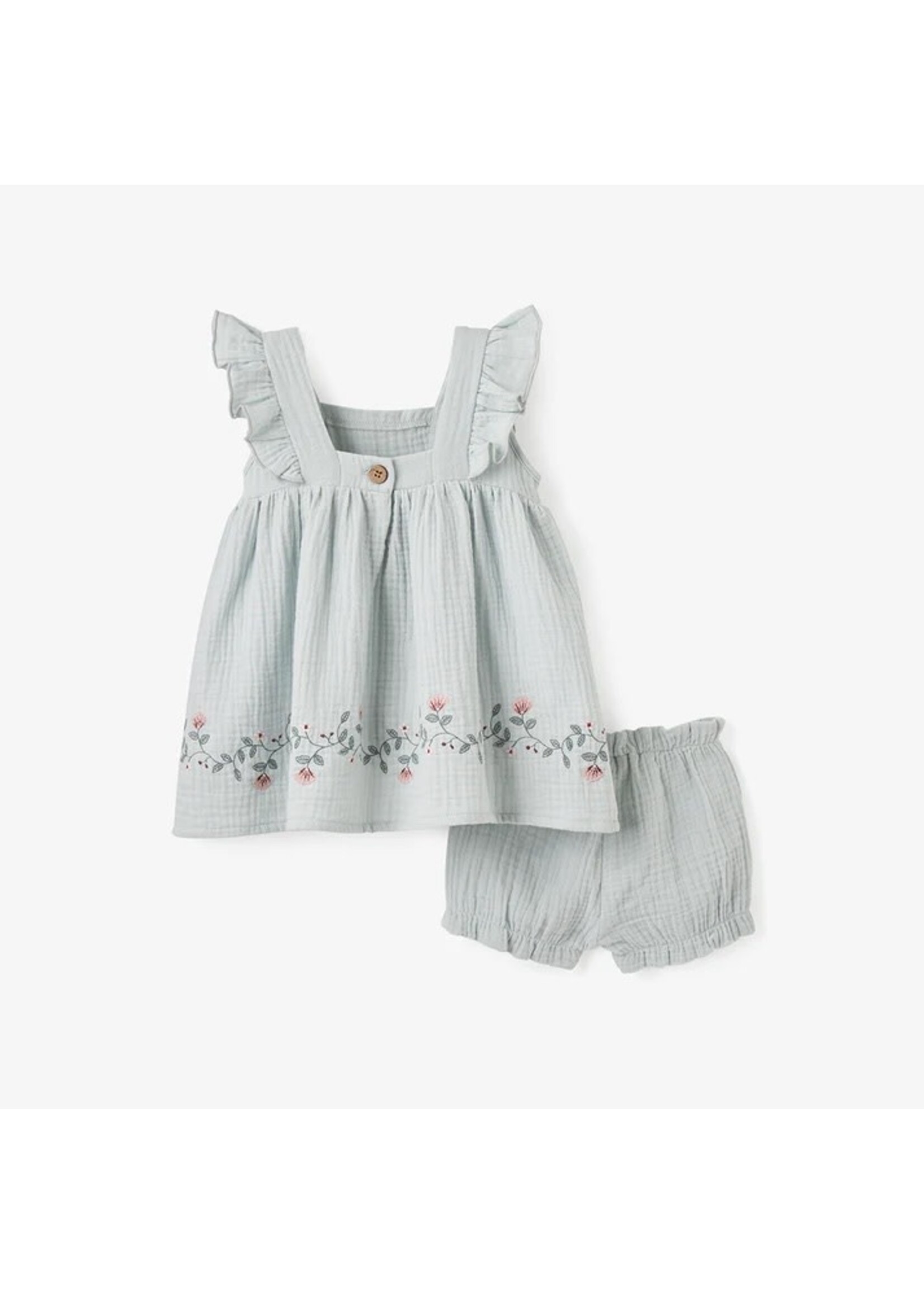 Organic Muslin Embroidered Aqua Dress with Bloomer