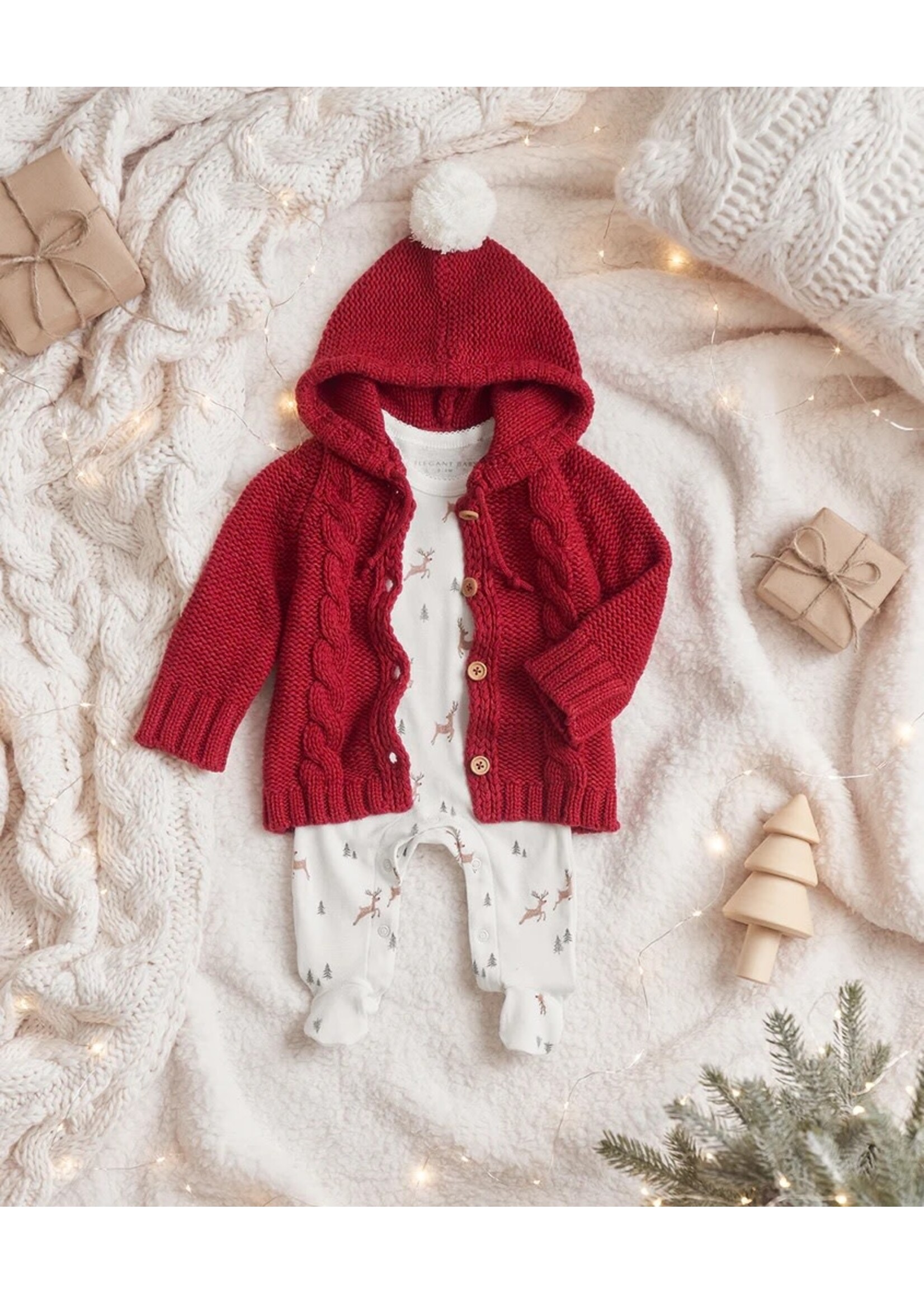 Hooded Cable Cardigan with Pom Red
