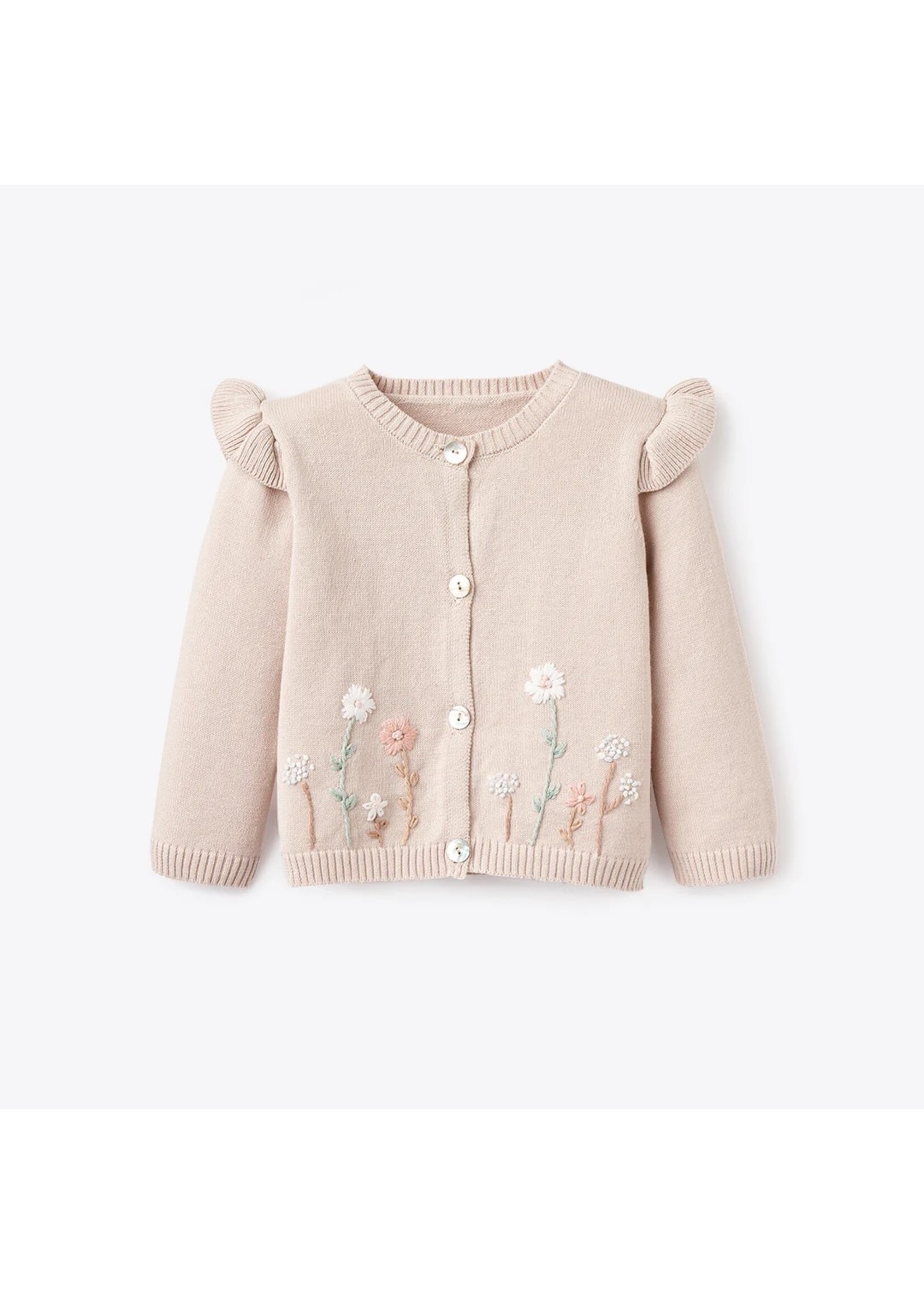 Flutter Sleeve Hand Embroidered Baby Cardigan - Taupe