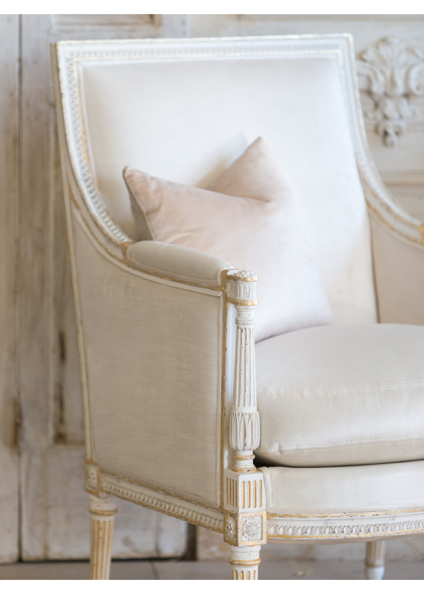 Bergere Chair in Ivory Velvet/Antique White Gold Leaf