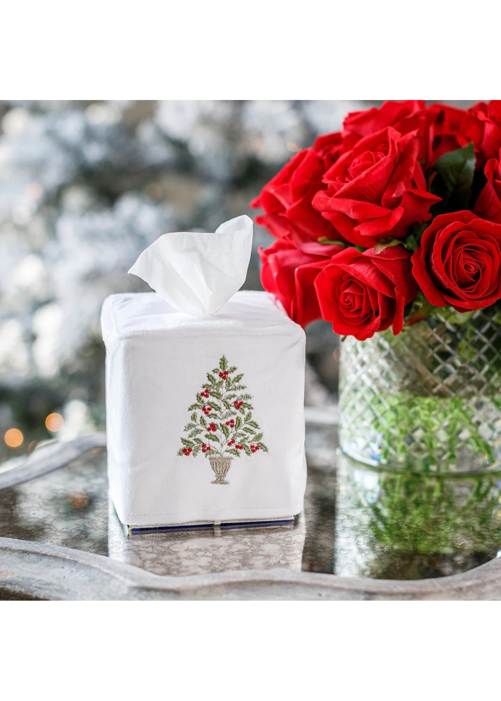 Crown Linen Tissue Box Cover - Velvet Holly Tree