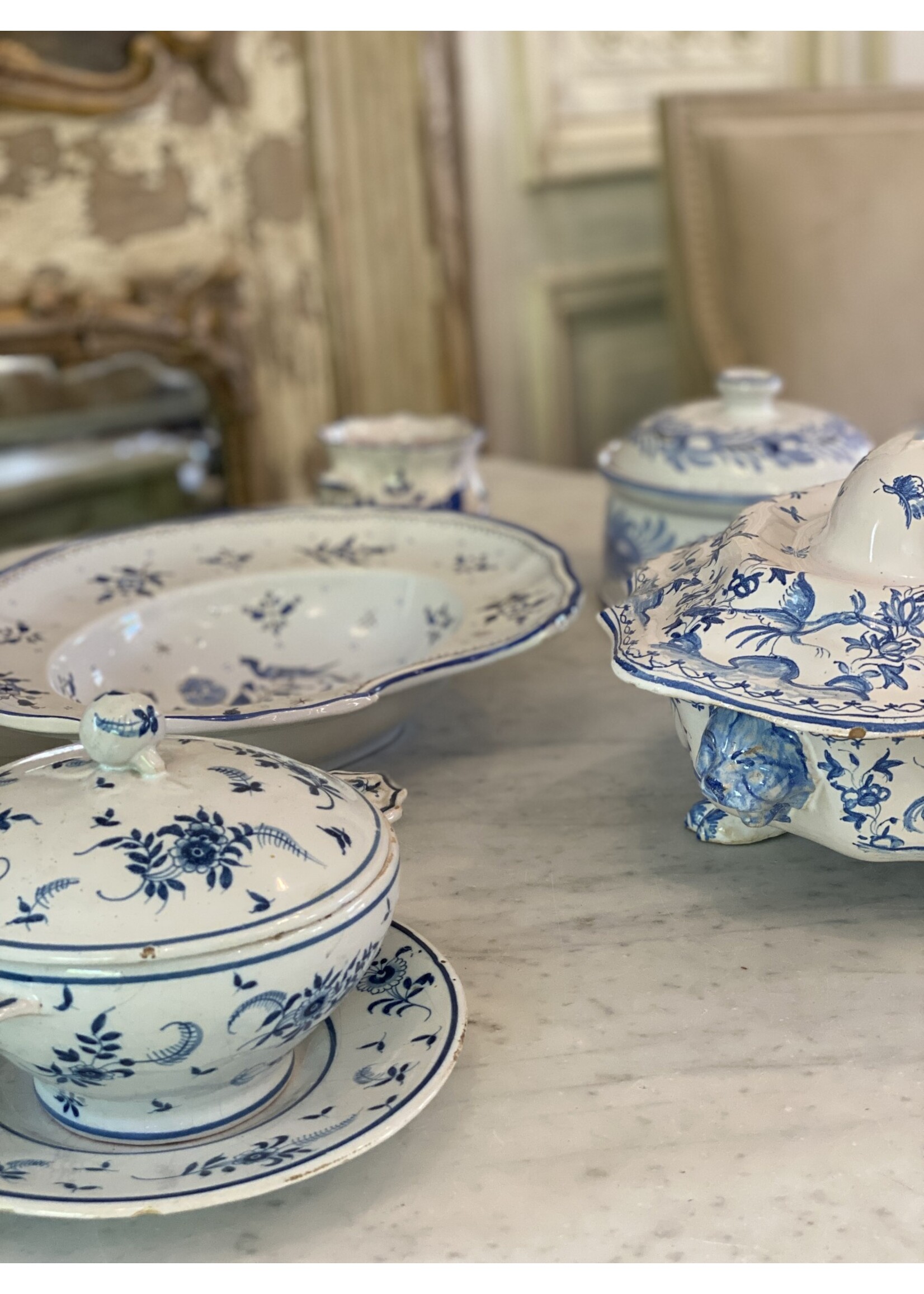 Antique & Vintage Vintage Blue & White Barbers Shaving Basin Handmade in Desvres France by Gabriel Fourmaintraux