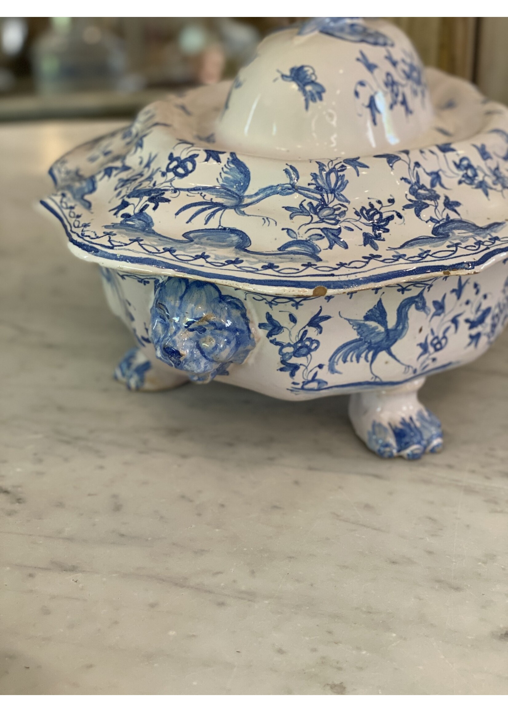 Antique & Vintage Antique Blue & White Moustiers Footed Lion Tureen