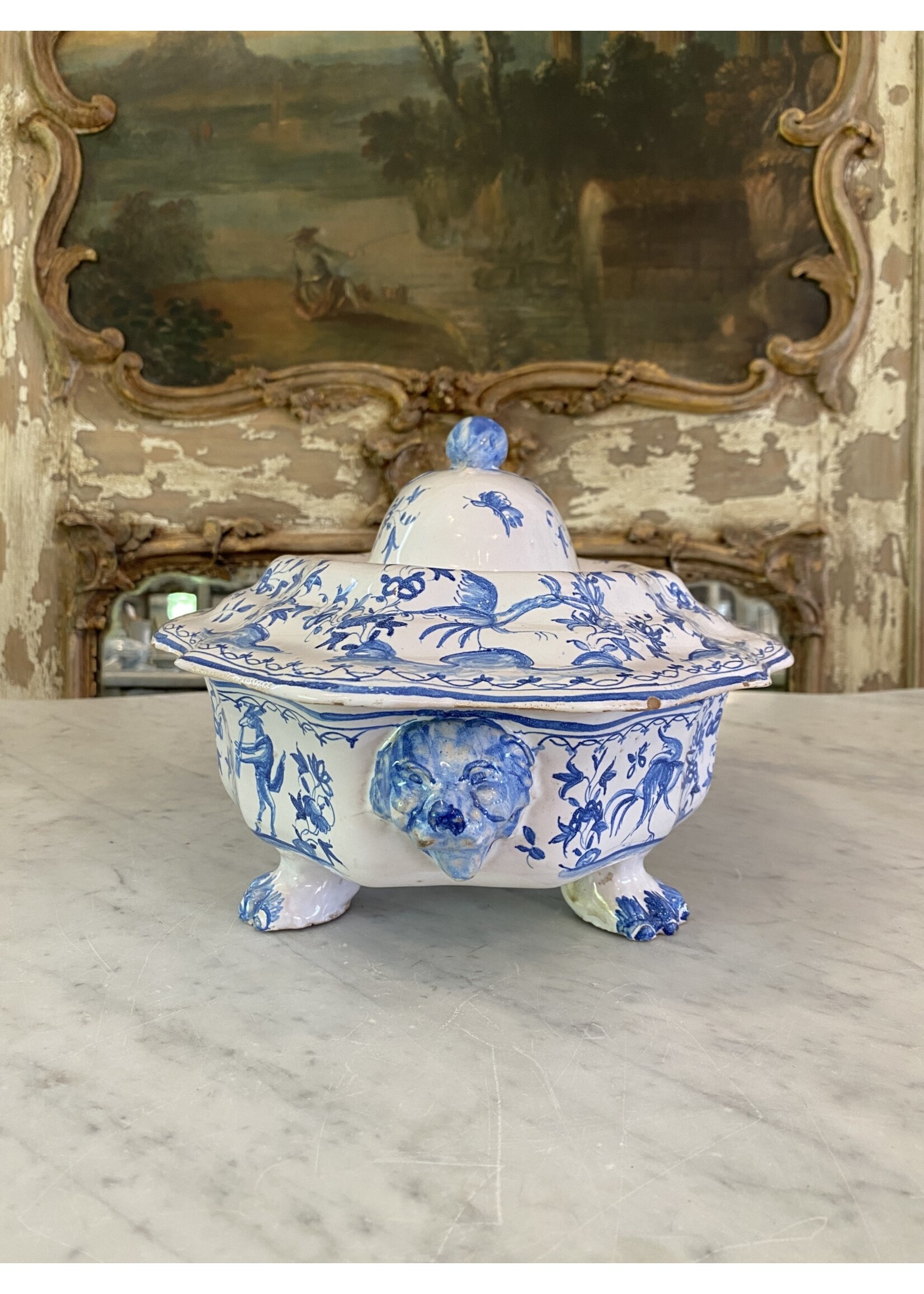 Antique & Vintage Antique Blue & White Moustiers Footed Lion Tureen