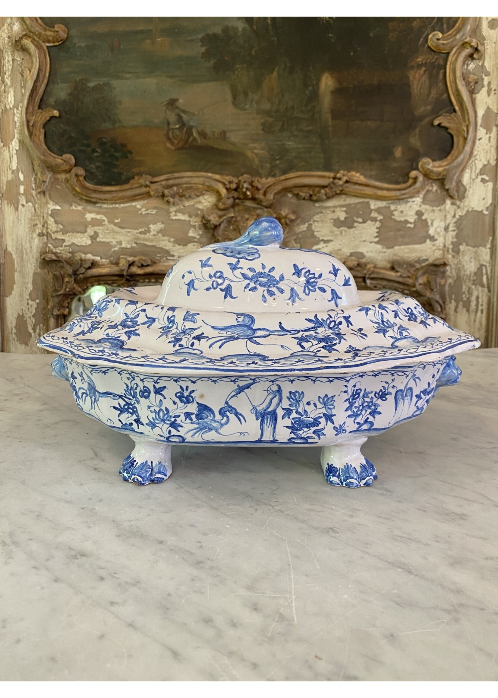 Antique & Vintage Antique Blue & White Moustiers Footed Lion Tureen