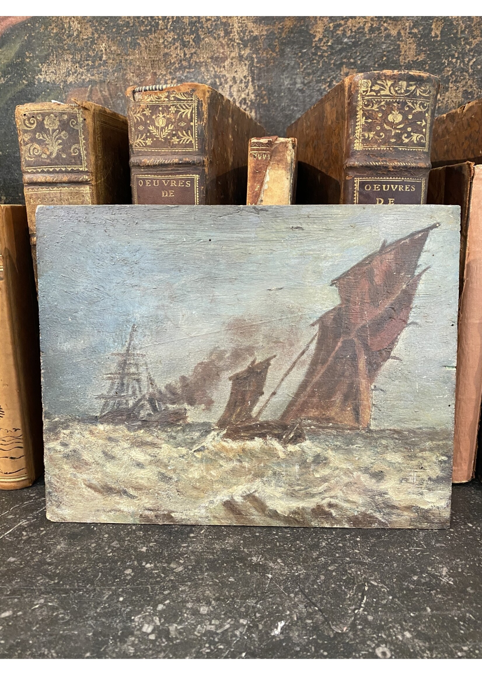 Antique & Vintage Antique Painting on Board from France - Boats at Sea