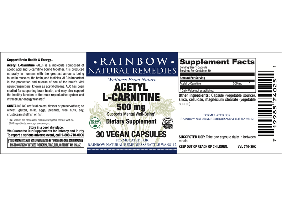 Rainbow Acetyl L-Carnitine 500 mg Vegan Caps 30