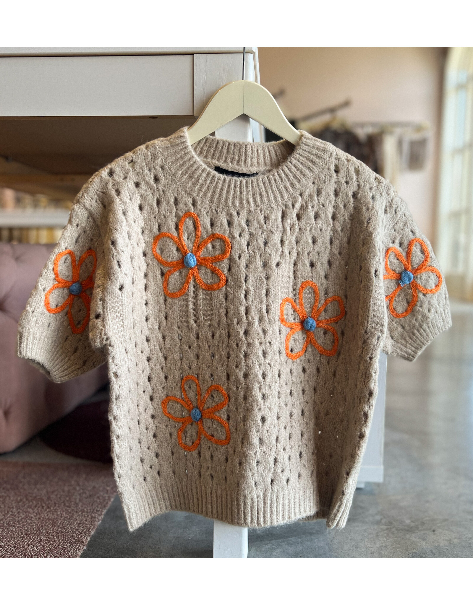 FIORALBA EMBROIDERED S/S SWEATER TOP