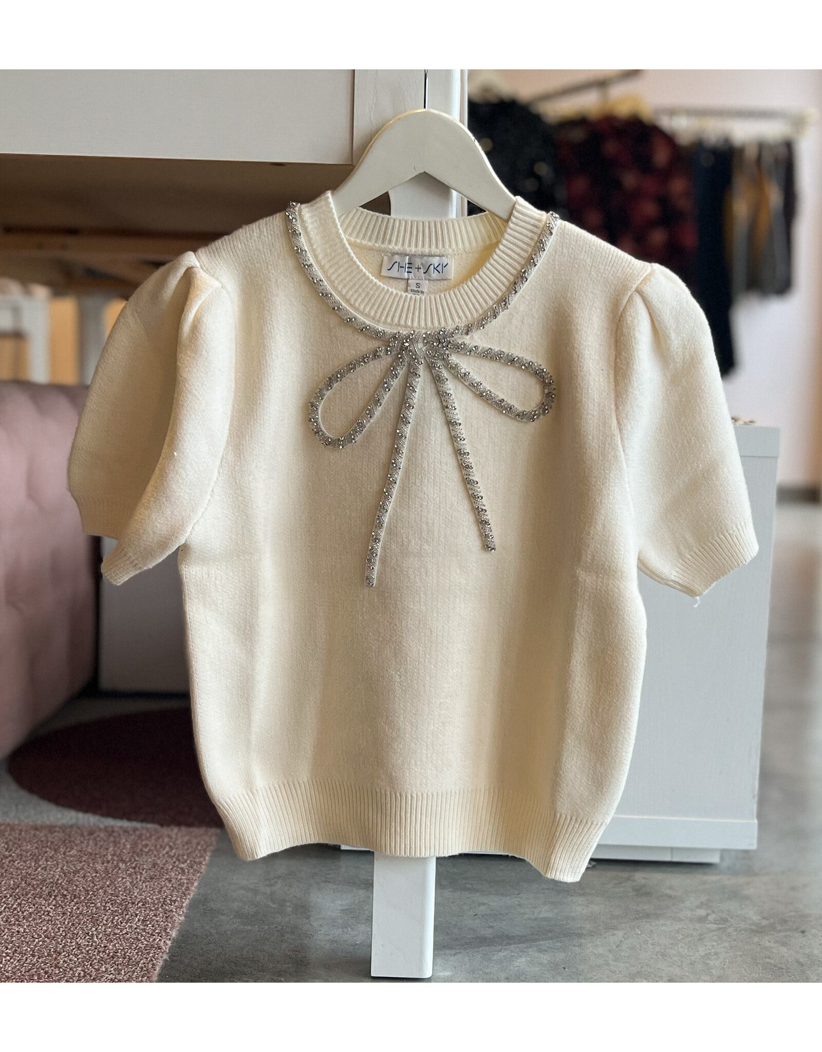 DANTE BEADED BOW SWEATER TOP