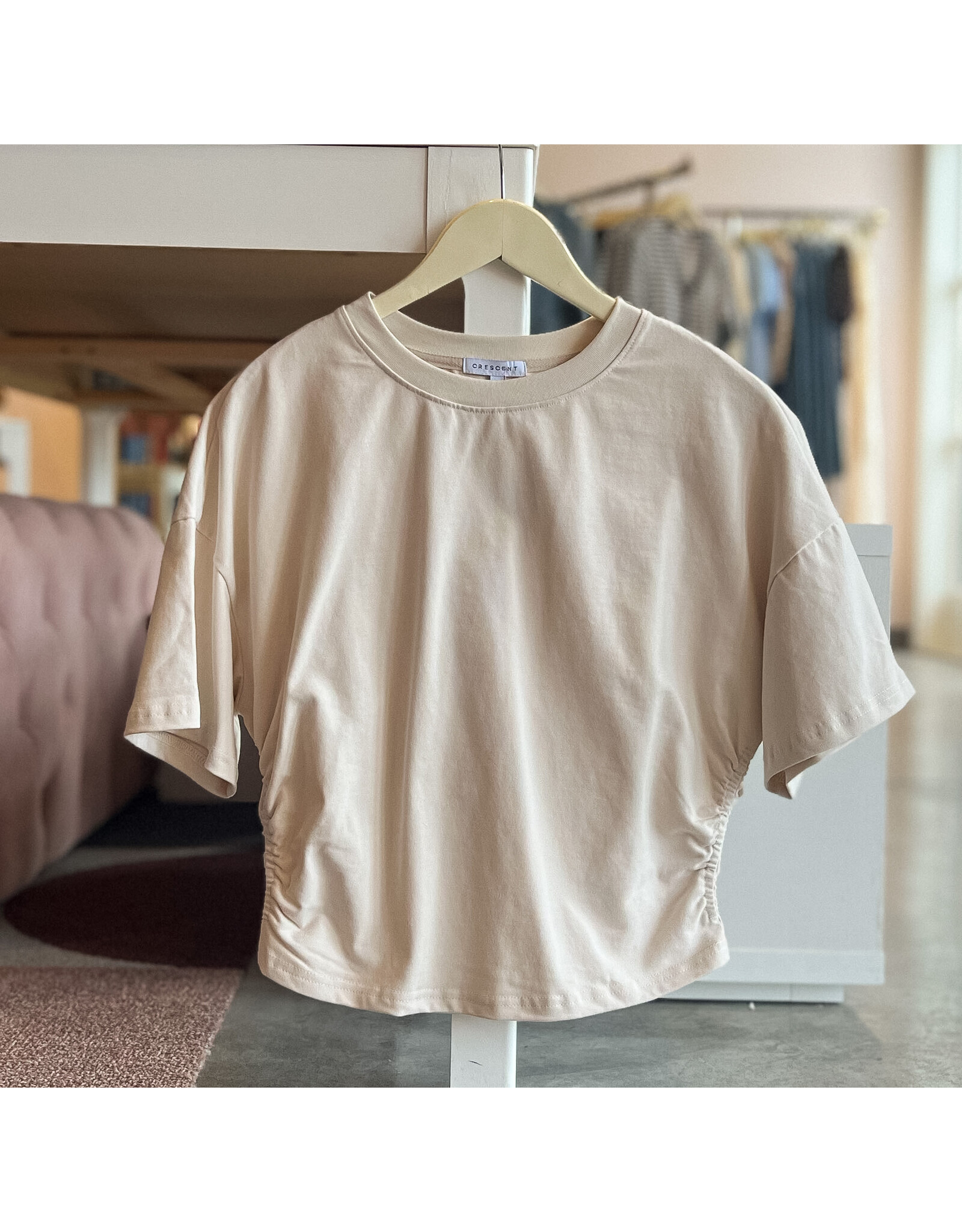 SUZI SEMI CROPPED ELBOW SLEEVE RUCHED TOP