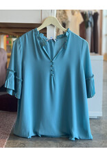 OMIRAS V NECK BLOUSE WITH PLEATED SLEEVE DETAIL