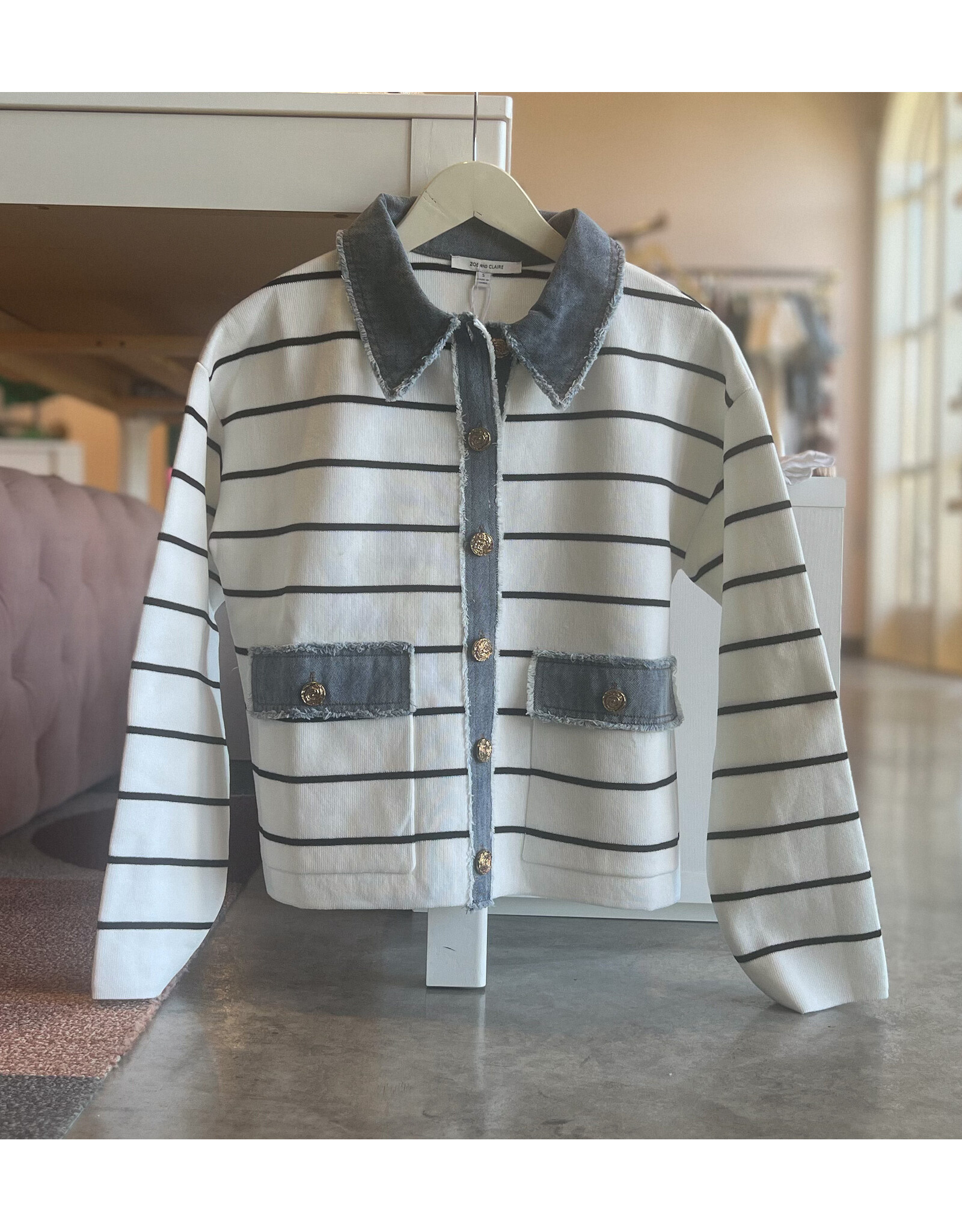 ZOE AND CLAIRE CHRYSEIS KNIT JACKET WITH DENIM TRIM