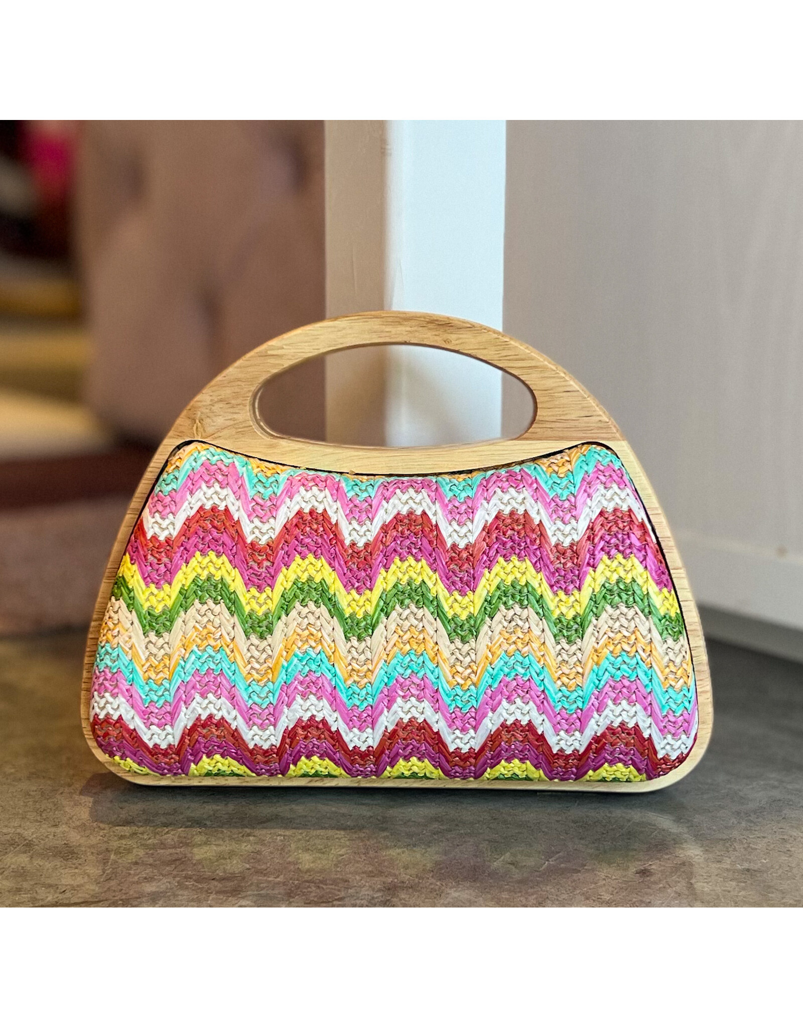 YAZID FAUX STRAW WOOD FRAME HANDLE BAG